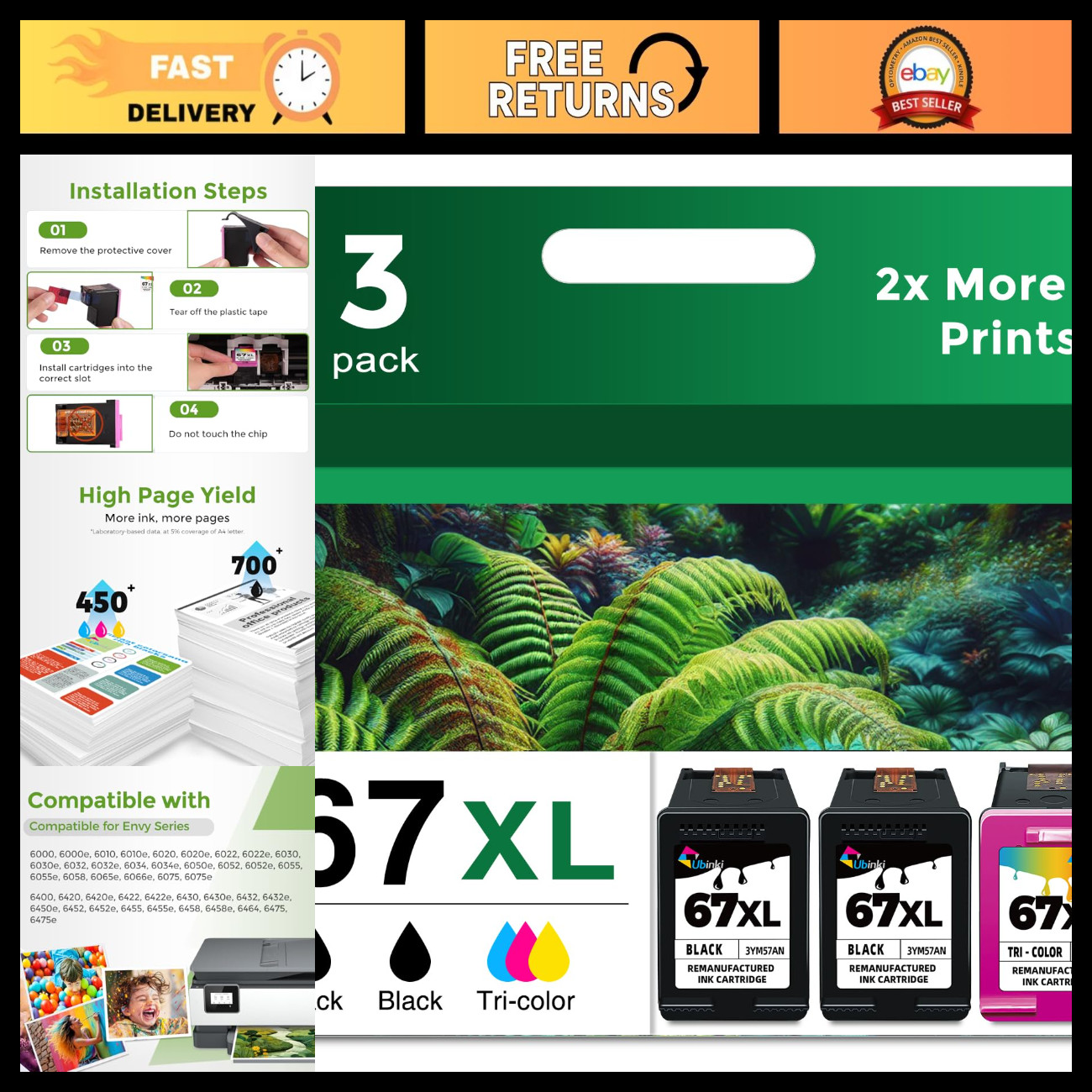 High-Quality 67XL Ink Cartridge Black & Color Combo 3-Pack Replacement for Print