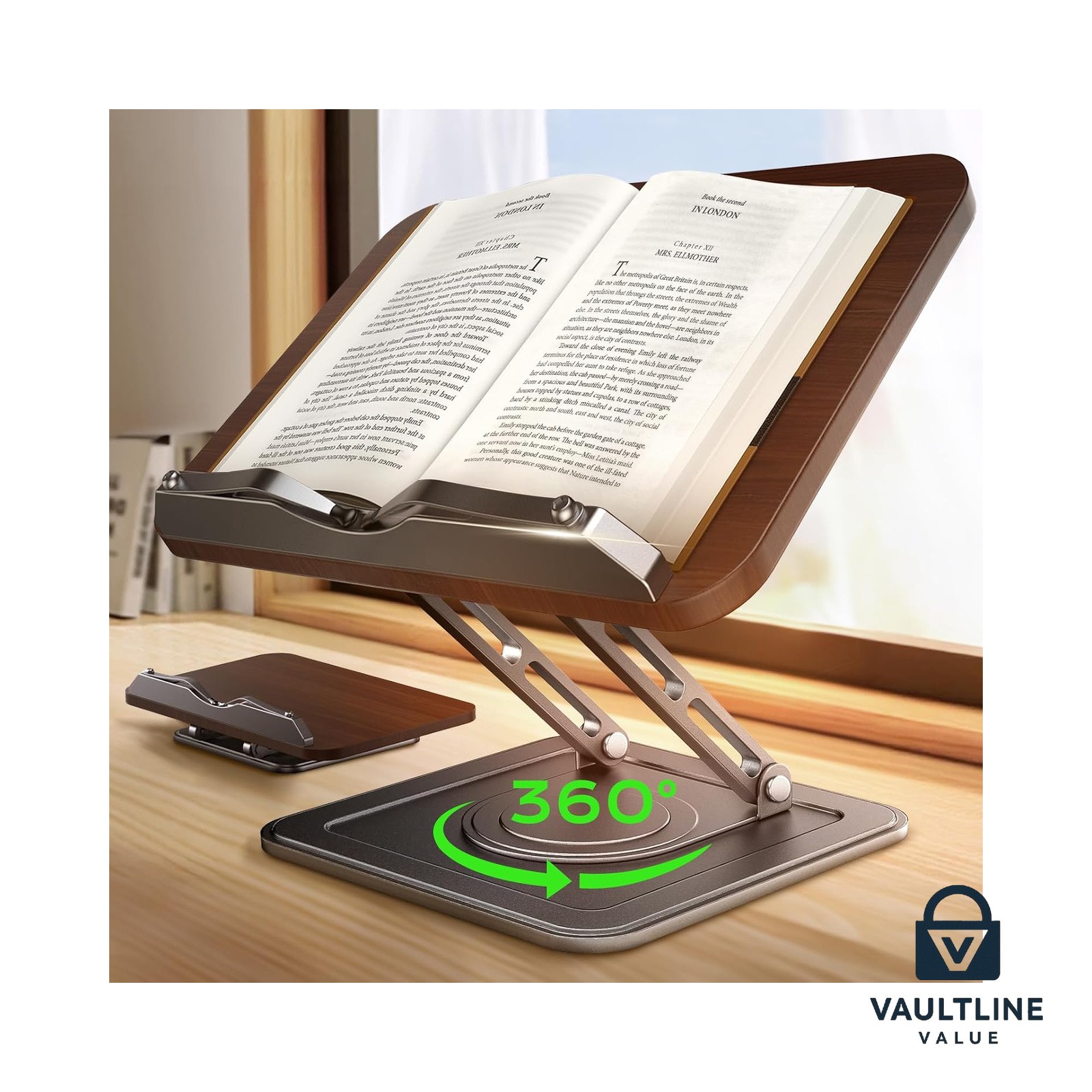 Book Stand for Reading 360° Rotating Holder with Page Clip