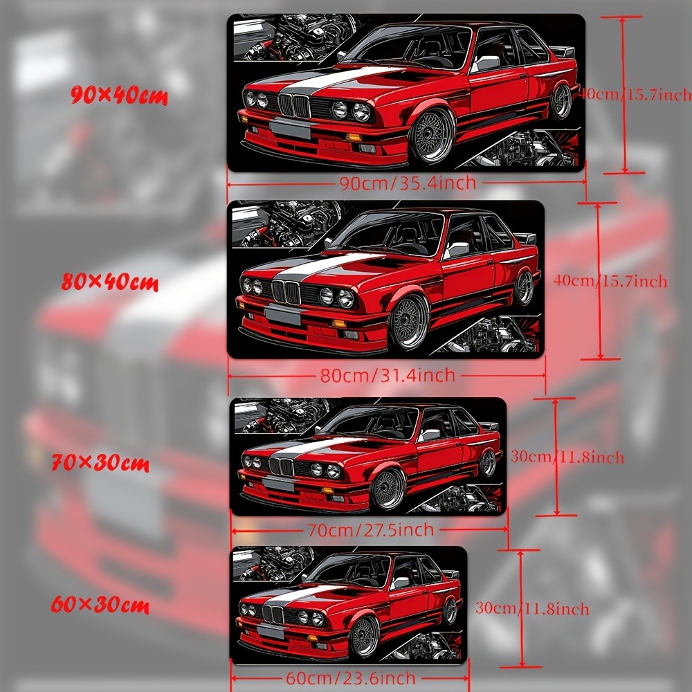 1pc Red Sports Car Gaming Mouse Pad - Large Rubber Desk Mat with Anti-Slip Bas