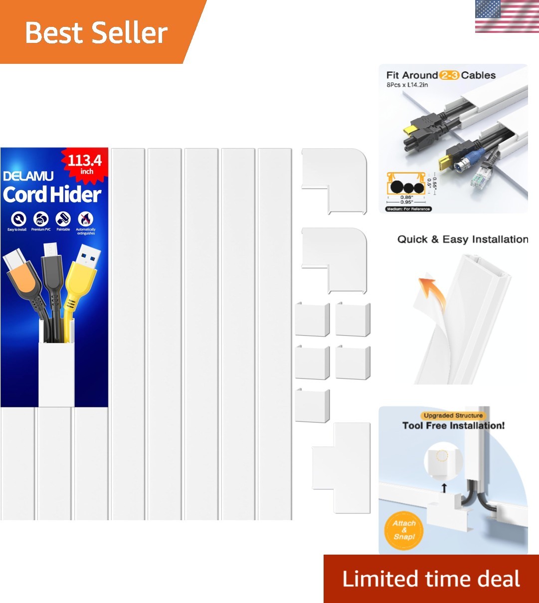 Cord Covers for Wires on Wall, 113.4in TV Cord Hider, Self-adhesive Cable Hid...