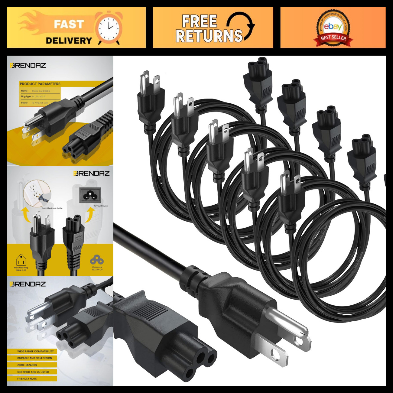 5-Pack 10ft 3 Prong Power Cord - AC Replacement Cable for TV, Monitors, Computer