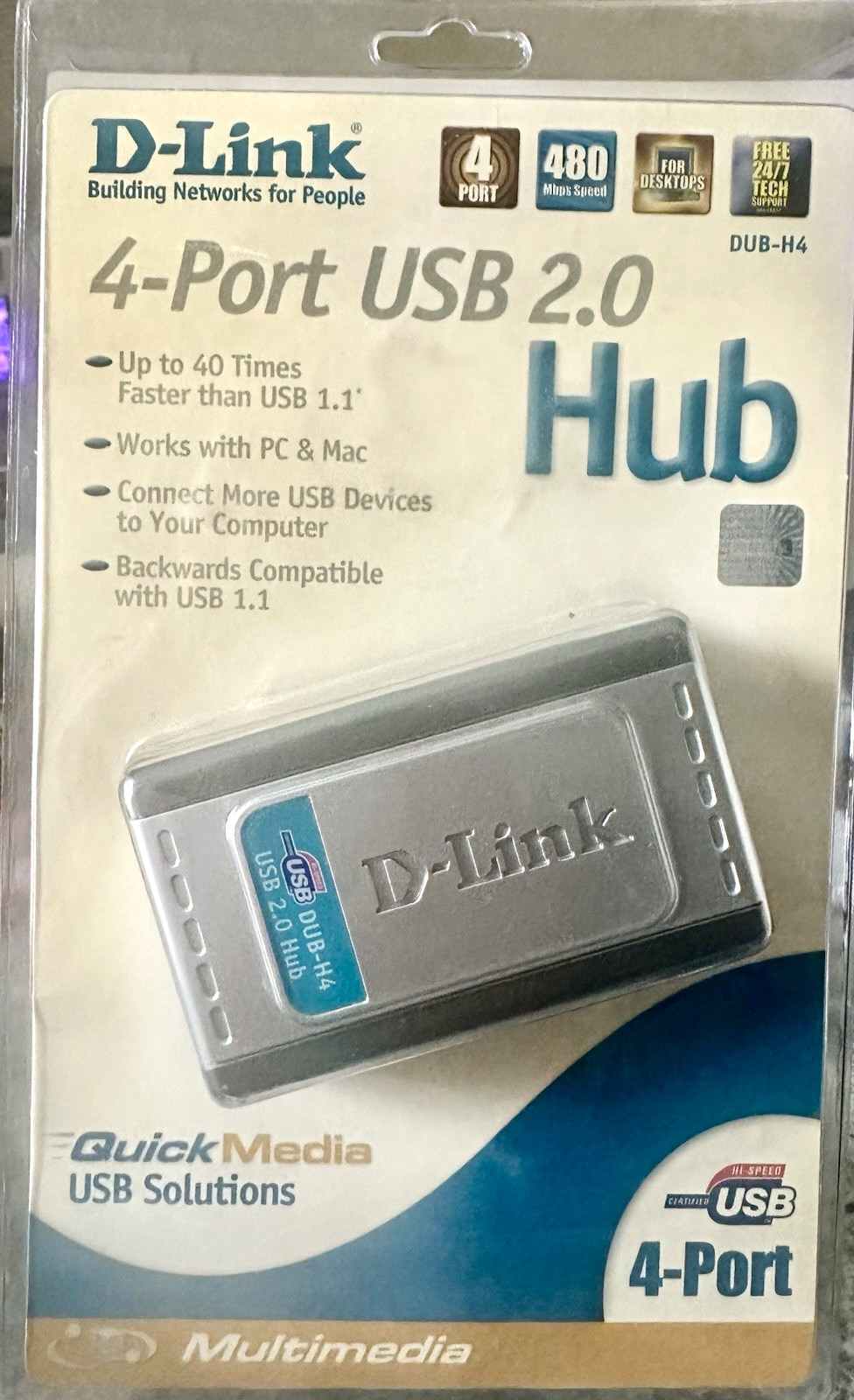 D-Link DUB-H4 Powered 4-Port USB 2.0 Hub/Splitter Box 6 ft Cable Silver
