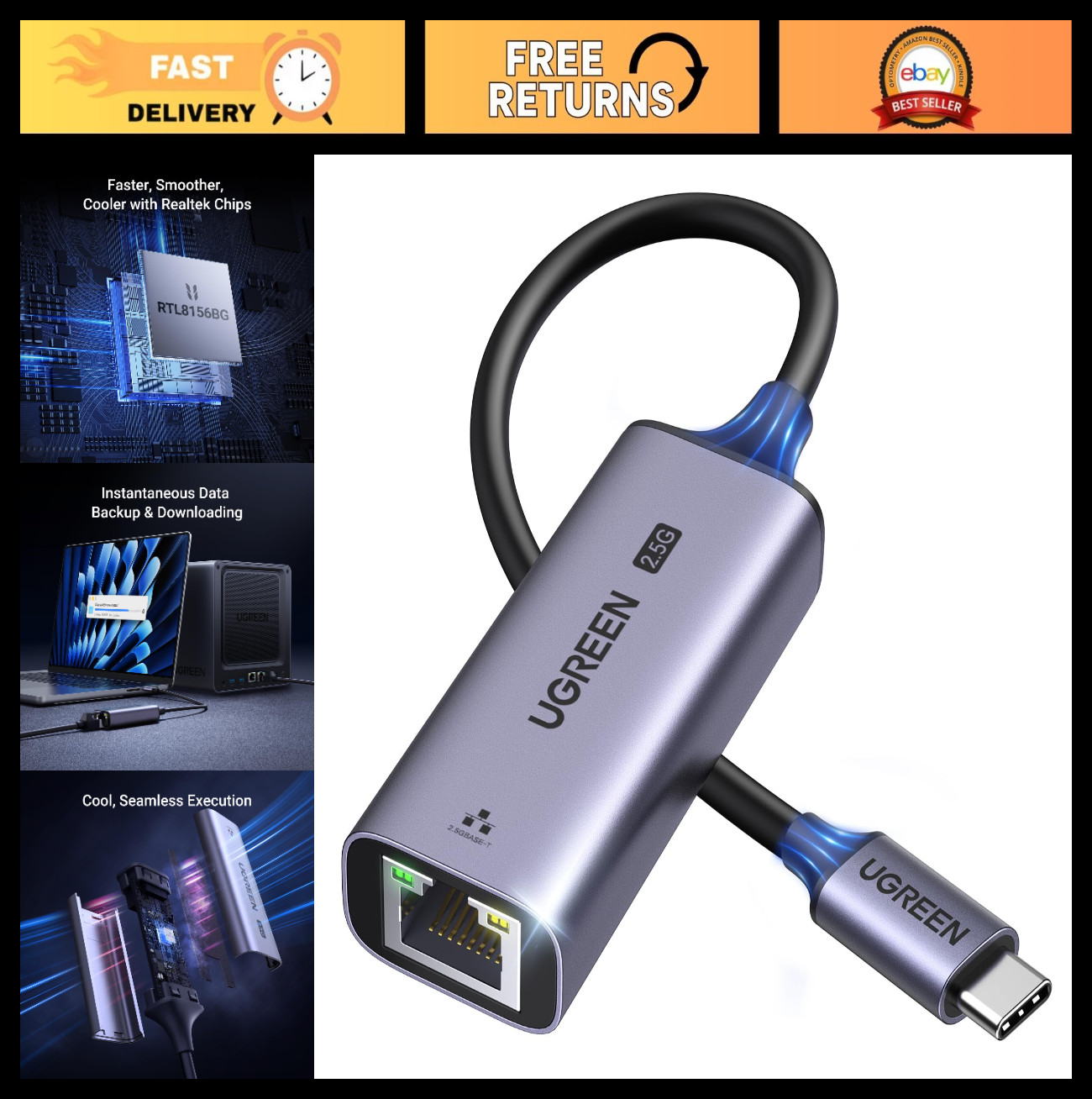 2.5G USB C to Ethernet Adapter, Aluminum Type C to RJ45 Network Adapter for Lapt