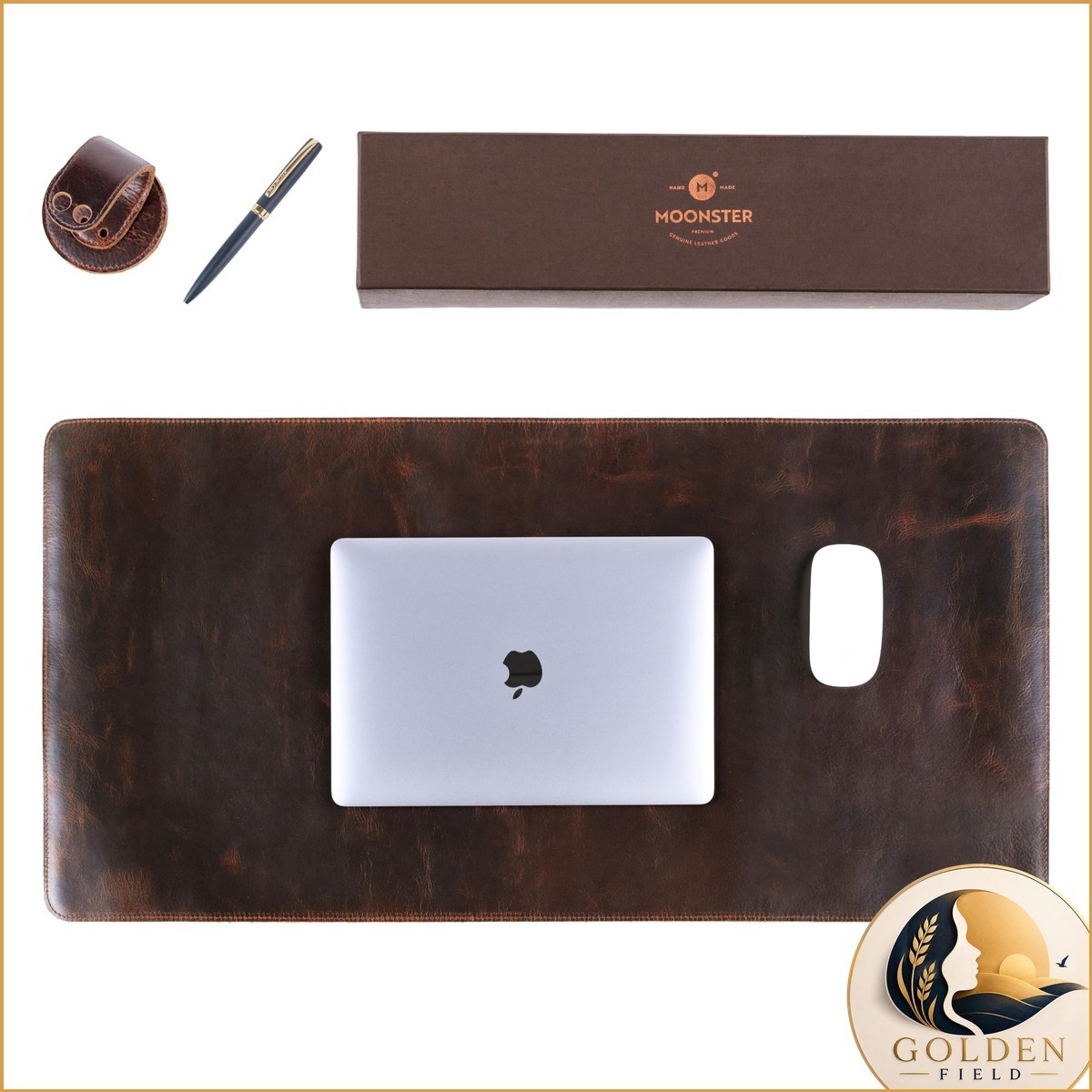 moonster Full Grain Buffalo Leather Desk Pad 31 x 16 in with Pen & Holder