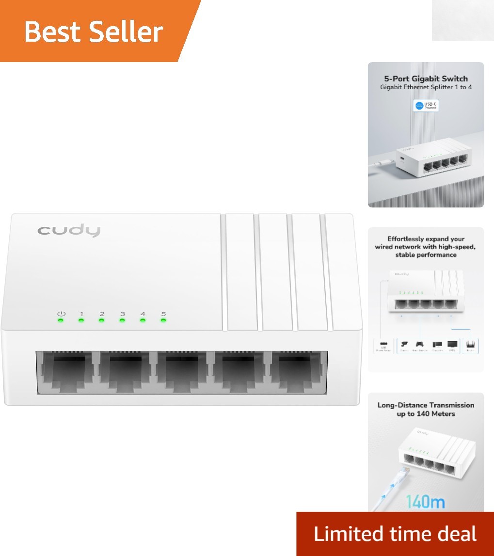 Ultra-Compact 5-Port Gigabit Switch with Built-in USB Charging - White Finish
