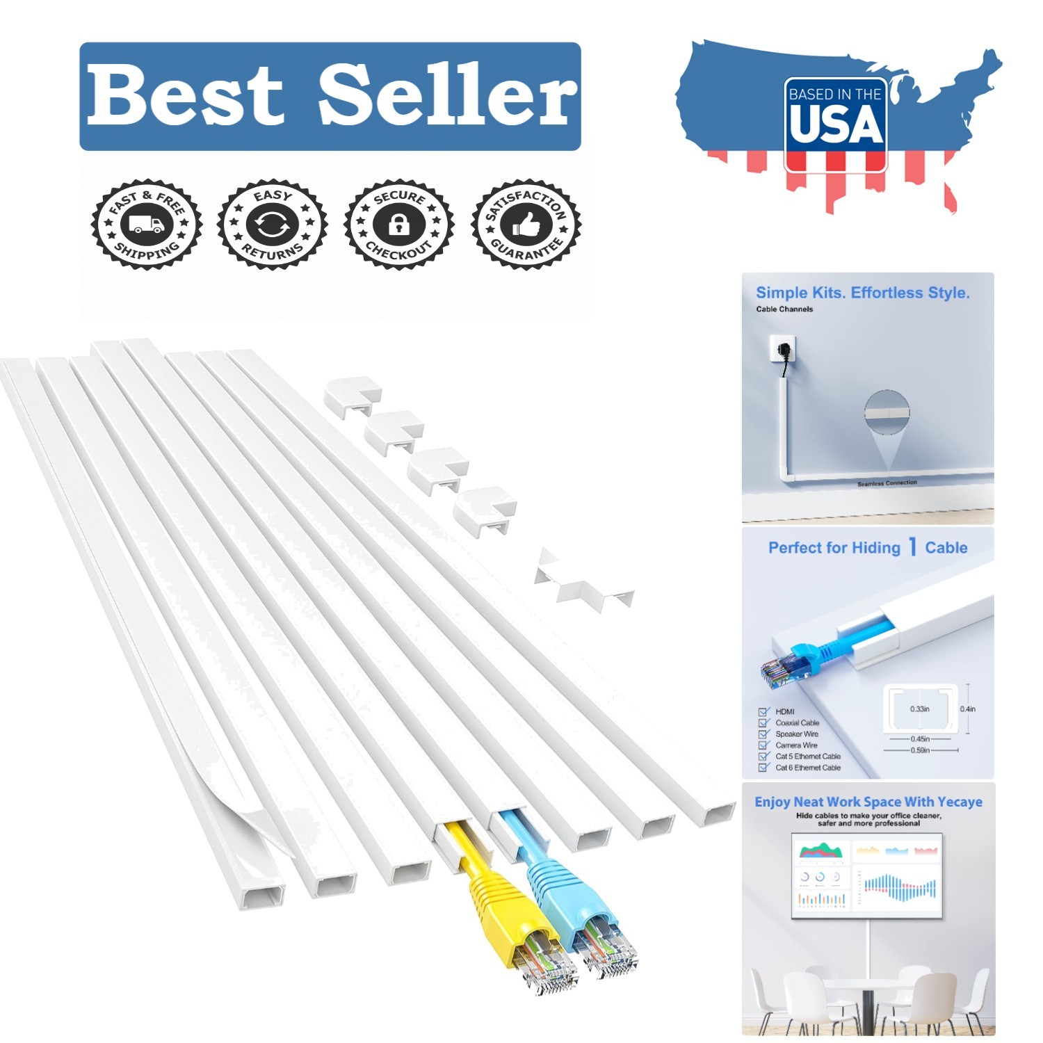 White 113in Cord Hider - Easy Install Kit for Safer Living Environments