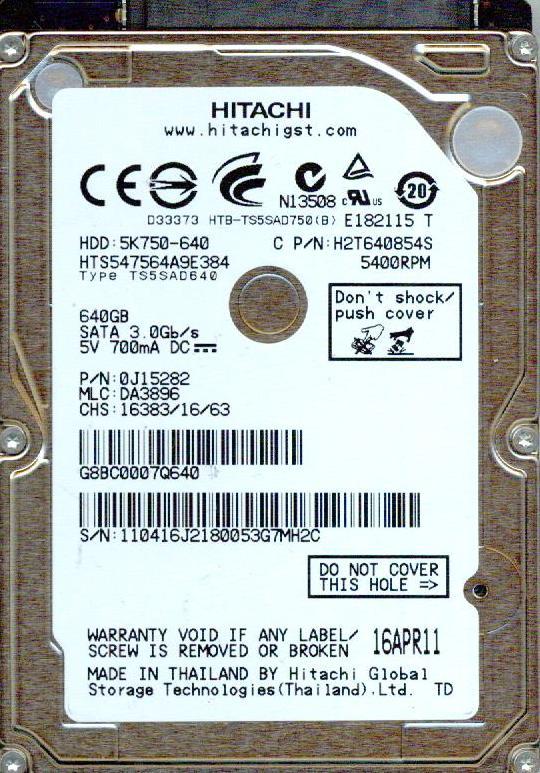 HTS547564A9E384 P/N: 0J15282  MLC: DA3896   HITACHI SATA 640GB 