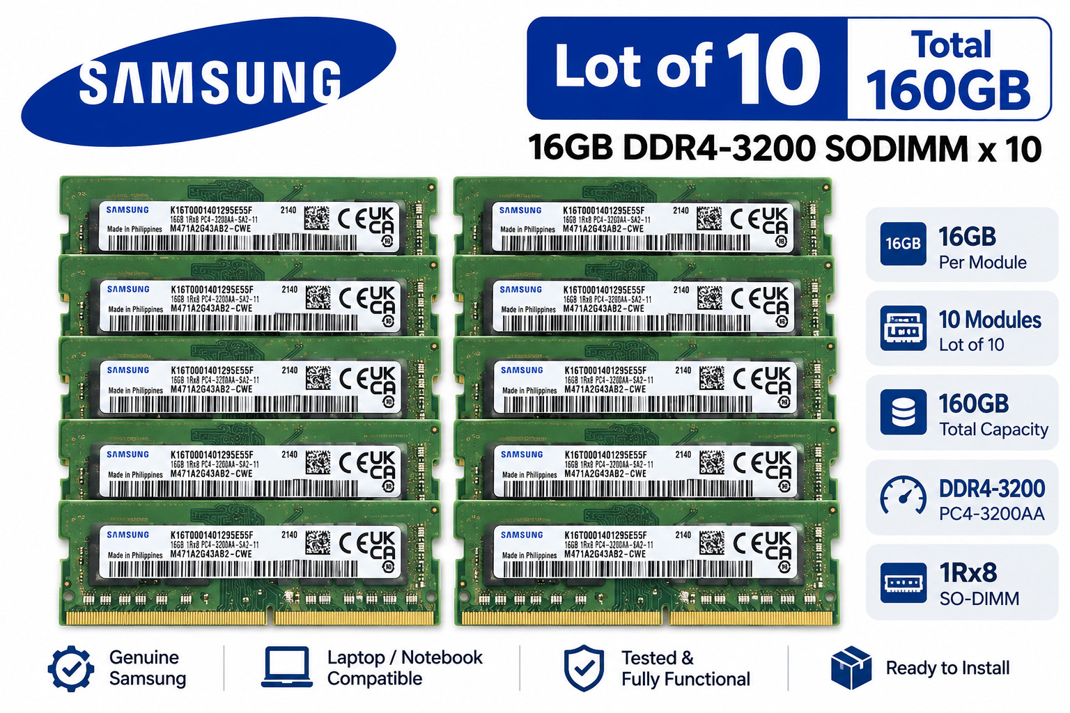 Lot of 10 Samsung 16GB 1Rx8 PC4-3200AA DDR4 SODIMM M471A2G43AB2-CWE 160GB