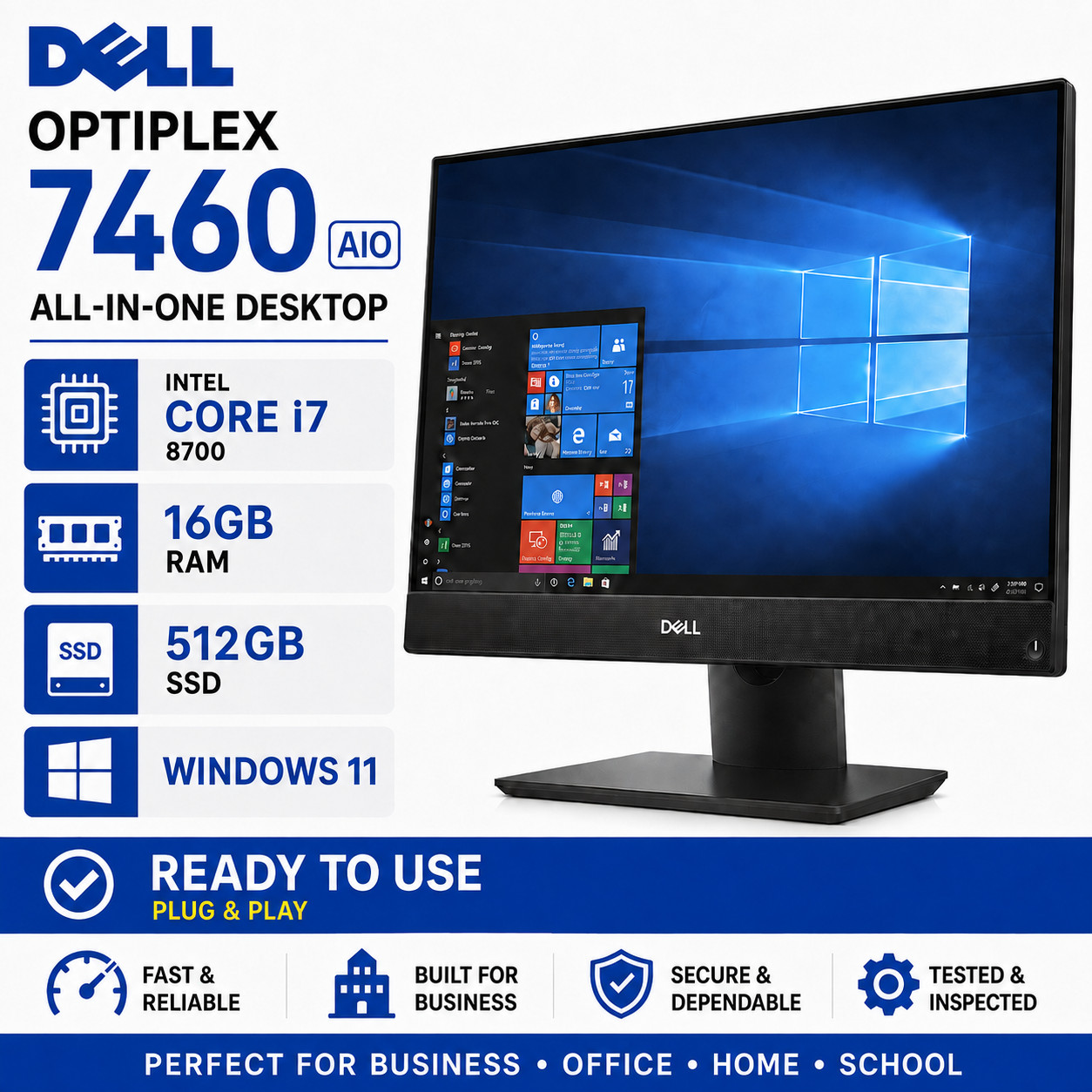 Dell OptiPlex 7460 All-In-One Intel i7-8700 CPU 16GB Ram 512GB SSD Win11 WIFI BT