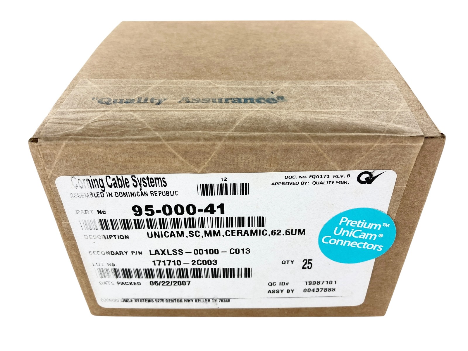 LNOS (BOX OF 25) - Corning 95-000-41 Unicam Connector Pretium 62.5 um SC MM OM1