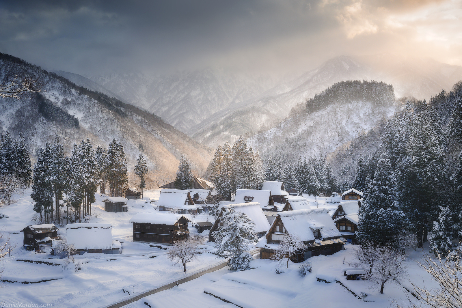 Landscape village hut snow mountains forest trees sky Custom Gaming Mat Desk