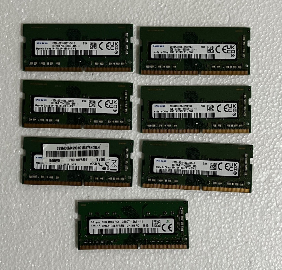 Mix Lot of 7 sticks 8GB 1Rx8 PC4 - 3200AA/1Rx8 - PC4 2400T - 6 Samsung/1 SKhynix