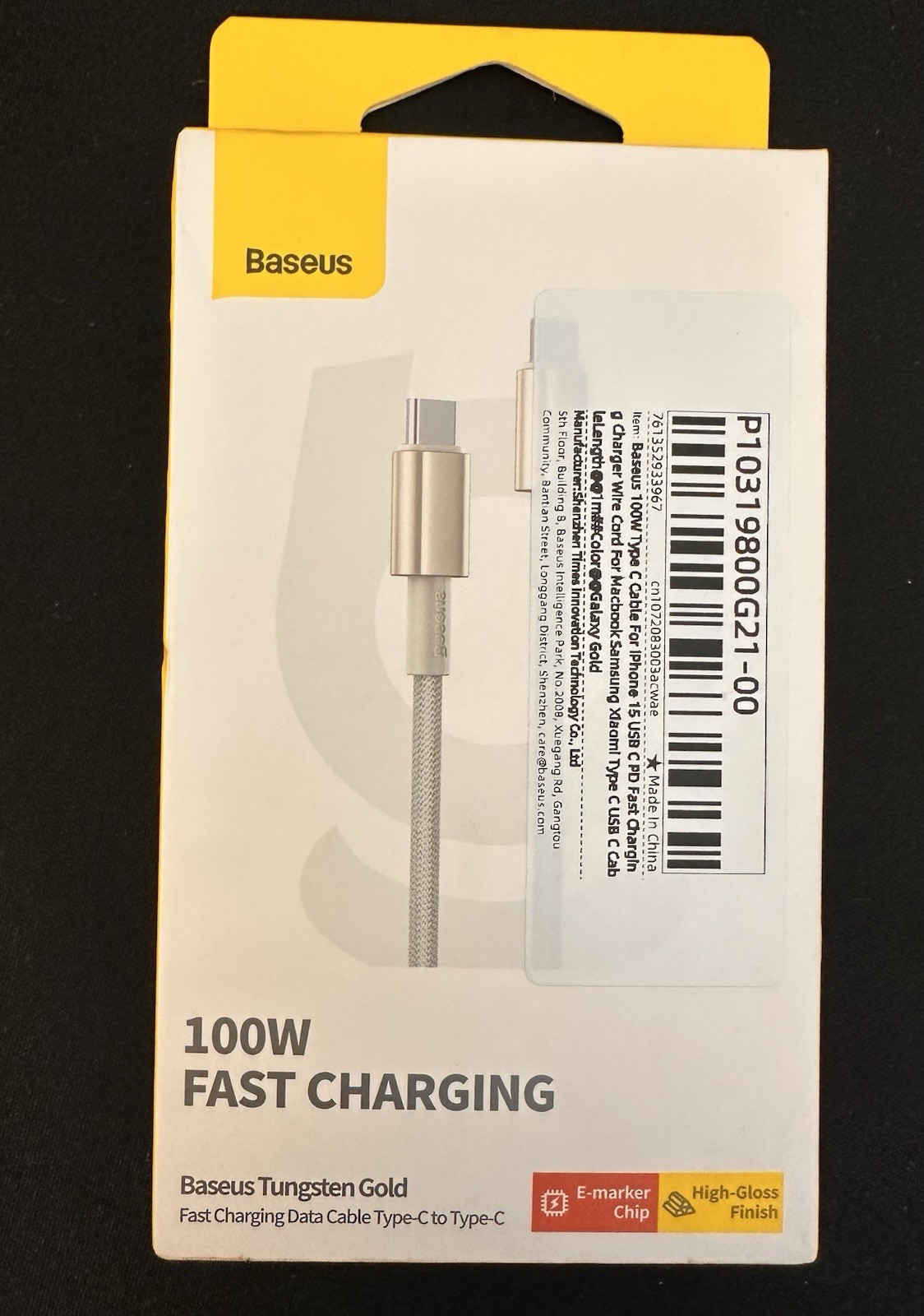 Baseus USB-C to USB-C Tungsten Gold 100W Fast Charging Cable 100cm E-marker