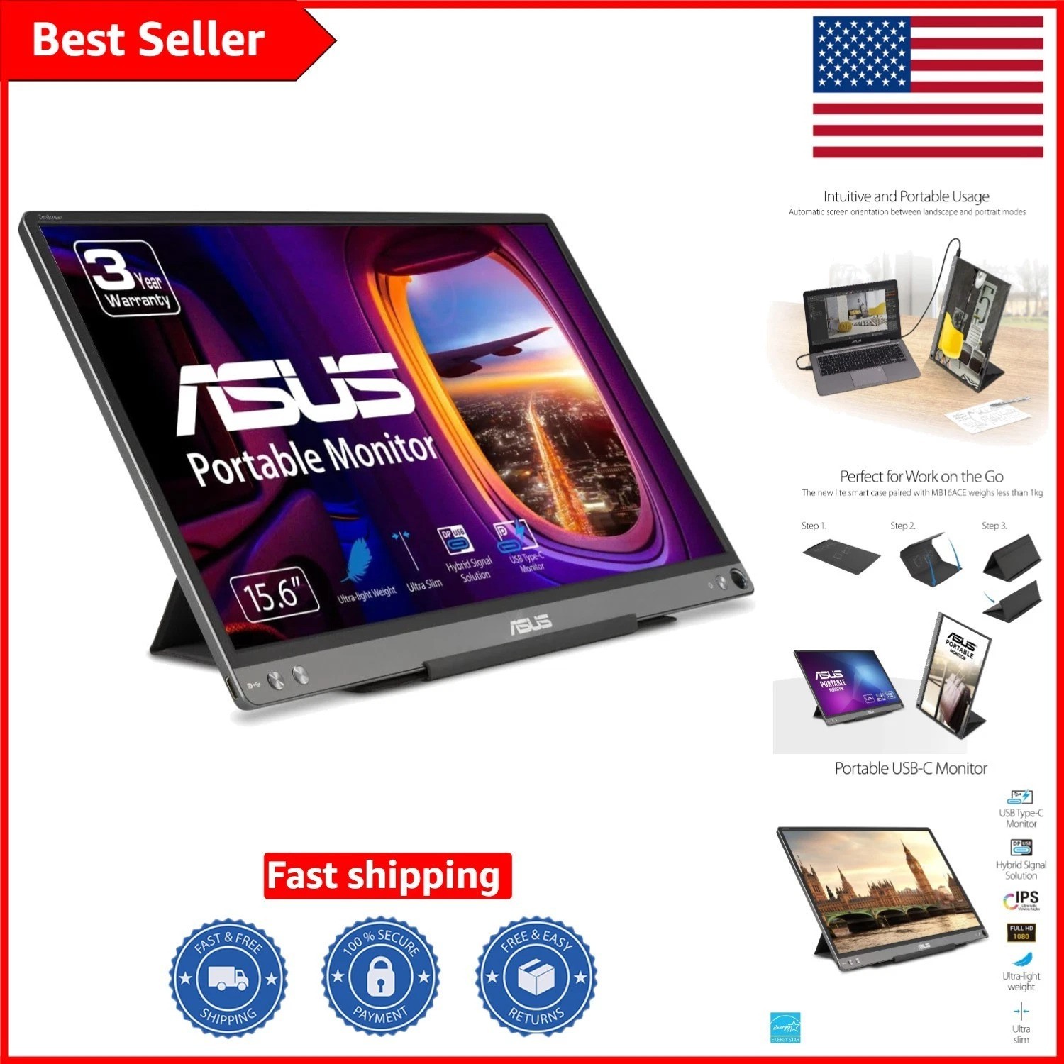 15.6” ZenScreen MB16ACE - Lightweight Portable Monitor with Flicker-Free Display