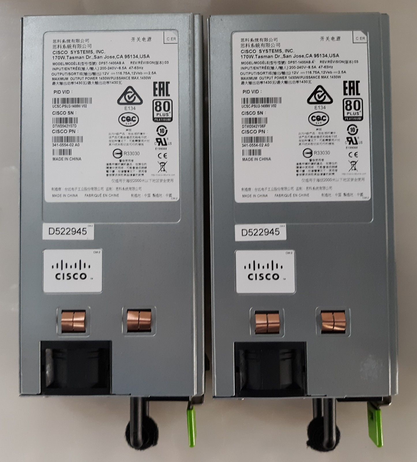 Pair of Cisco UCSC-PSU2-1400W 1400W 240V Power Supply 341-0554-02