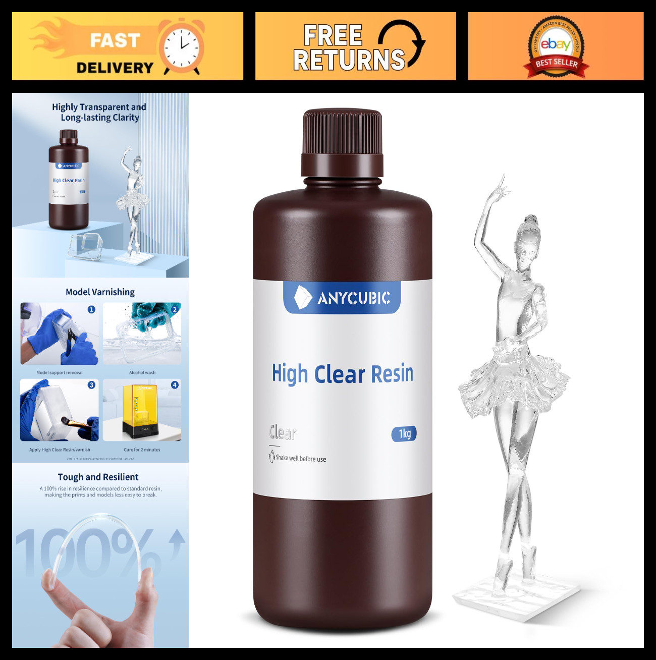 High Clear 3D Printer Resin - Low Odor, Tough, Yellowing Resistant, 1kg for LCD/