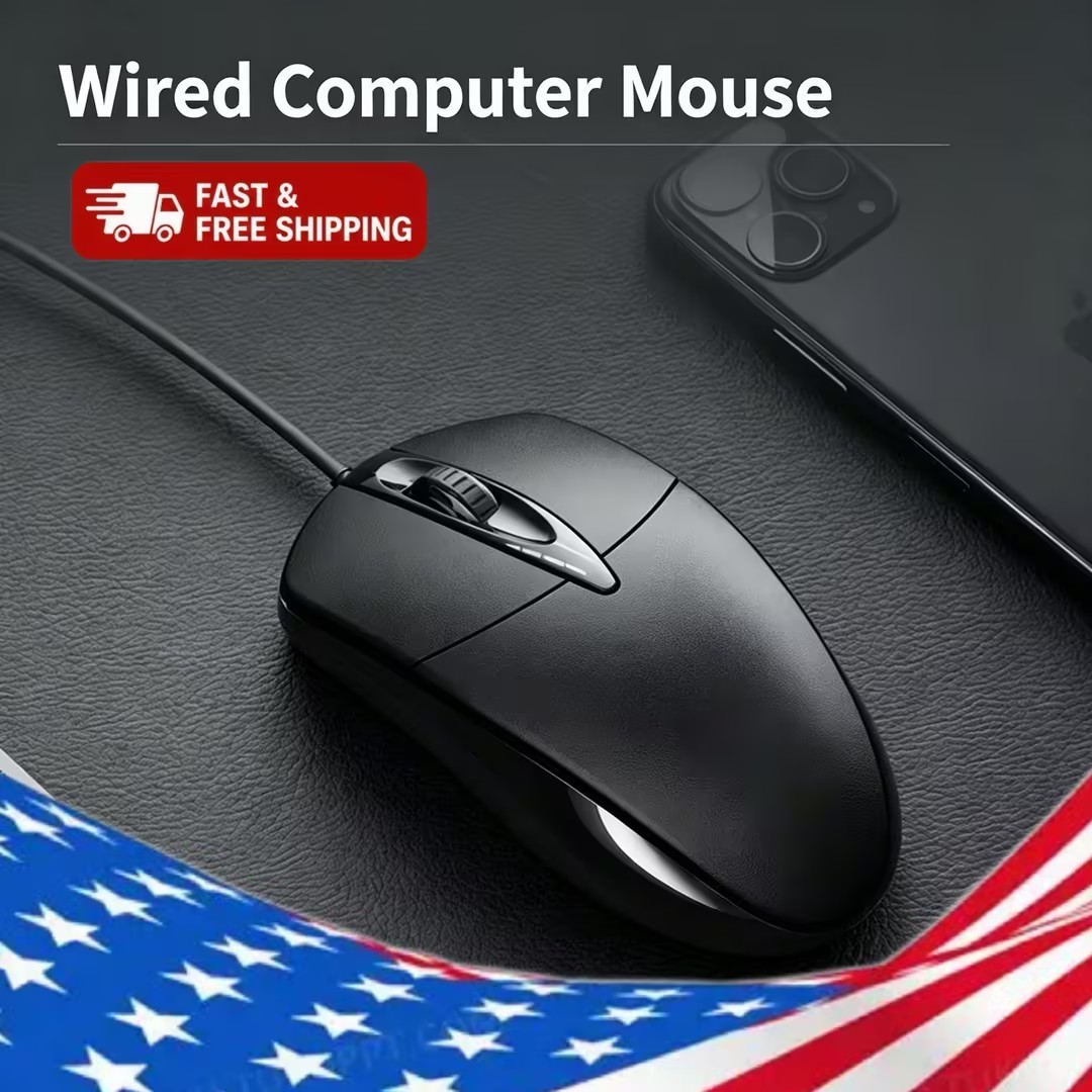 1 Pack Black Wired PC Mouse USB Corded Home Office Noiseless Simple Desktop PCs