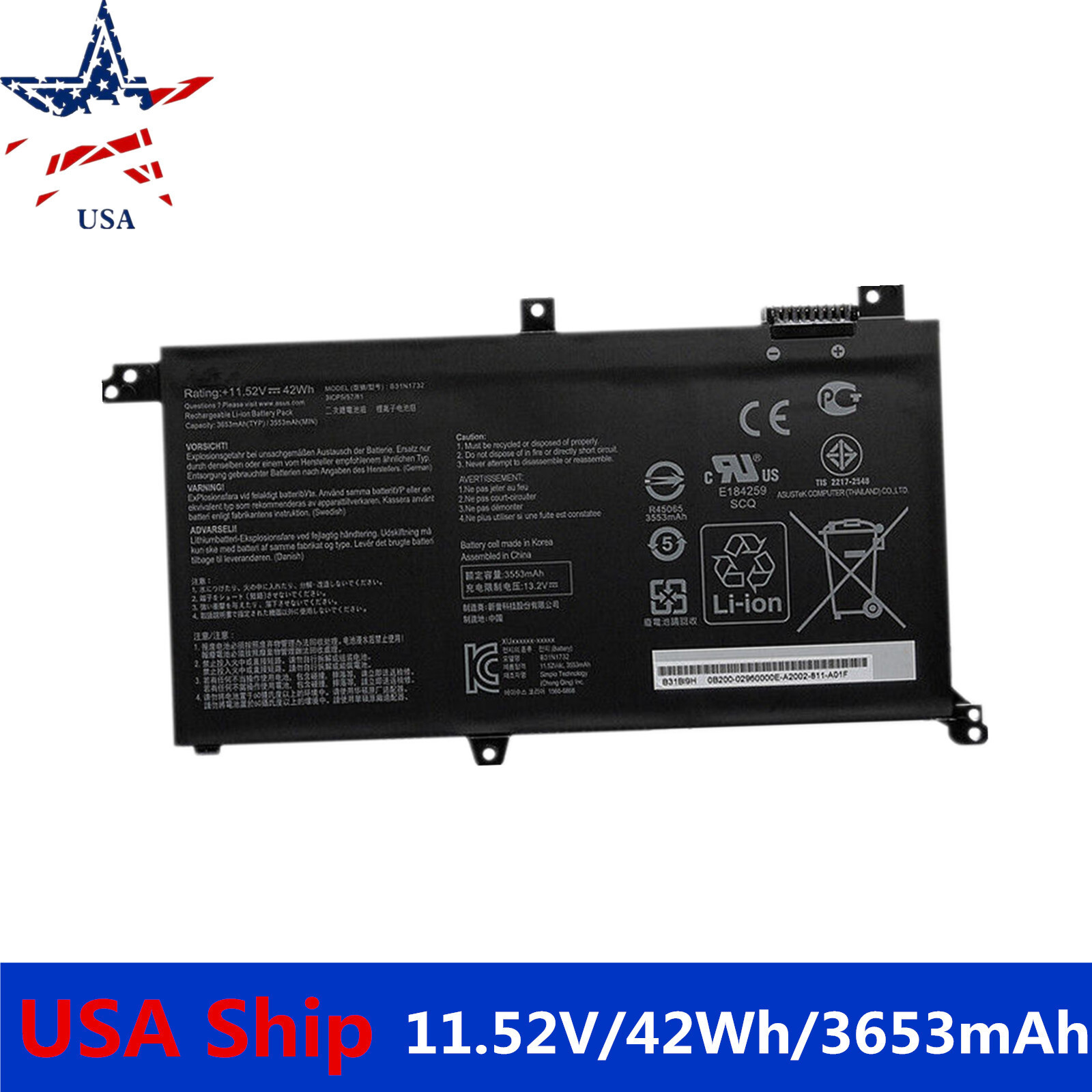 New B31N1732 Battery Asus B31Bi9H 0B200-02960000 0B200-02960400 3ICP5/57