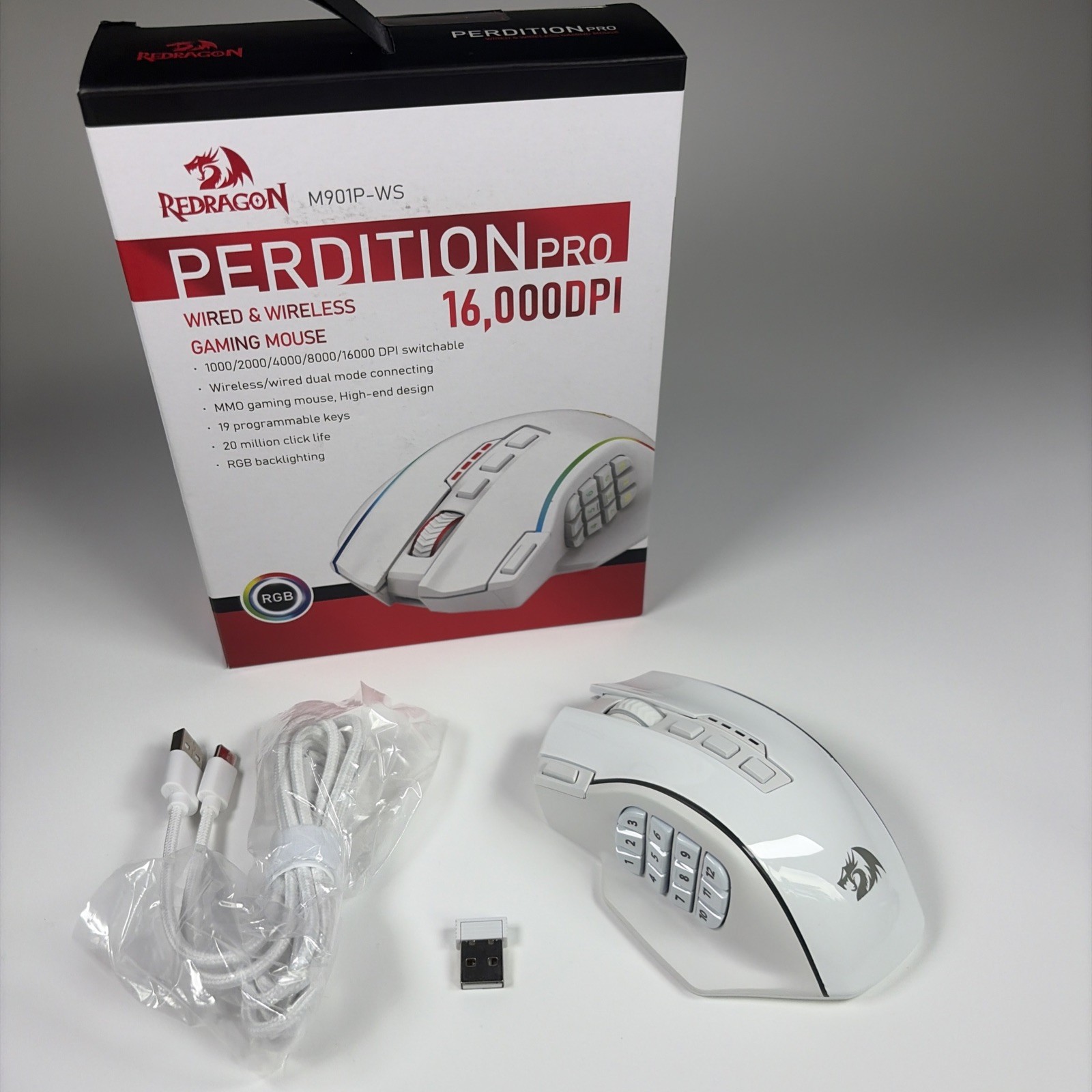Redragon Perdition Pro M901P-WS Wireless/Wired USB RGB Gaming Mouse 16000 DPI