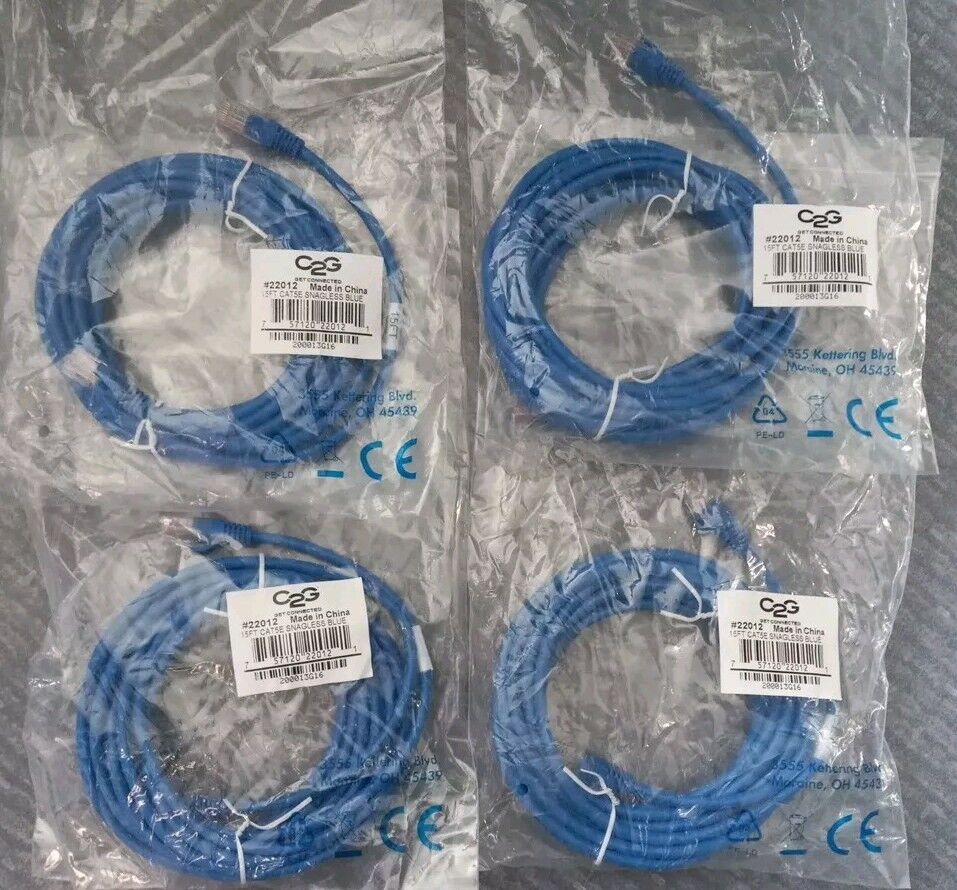 Lot of 4 C2G 15FT CAT5E Snagless Blue Patch Cable NEW #22012