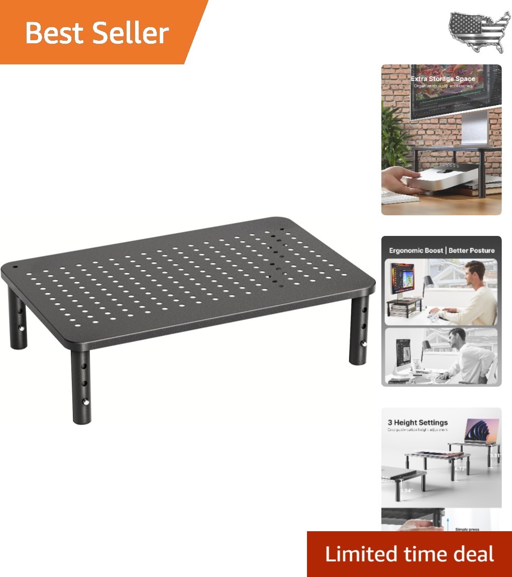 Elegant Height Adjustable Monitor Stand with Airflow Vents - Ergonomic Organizer