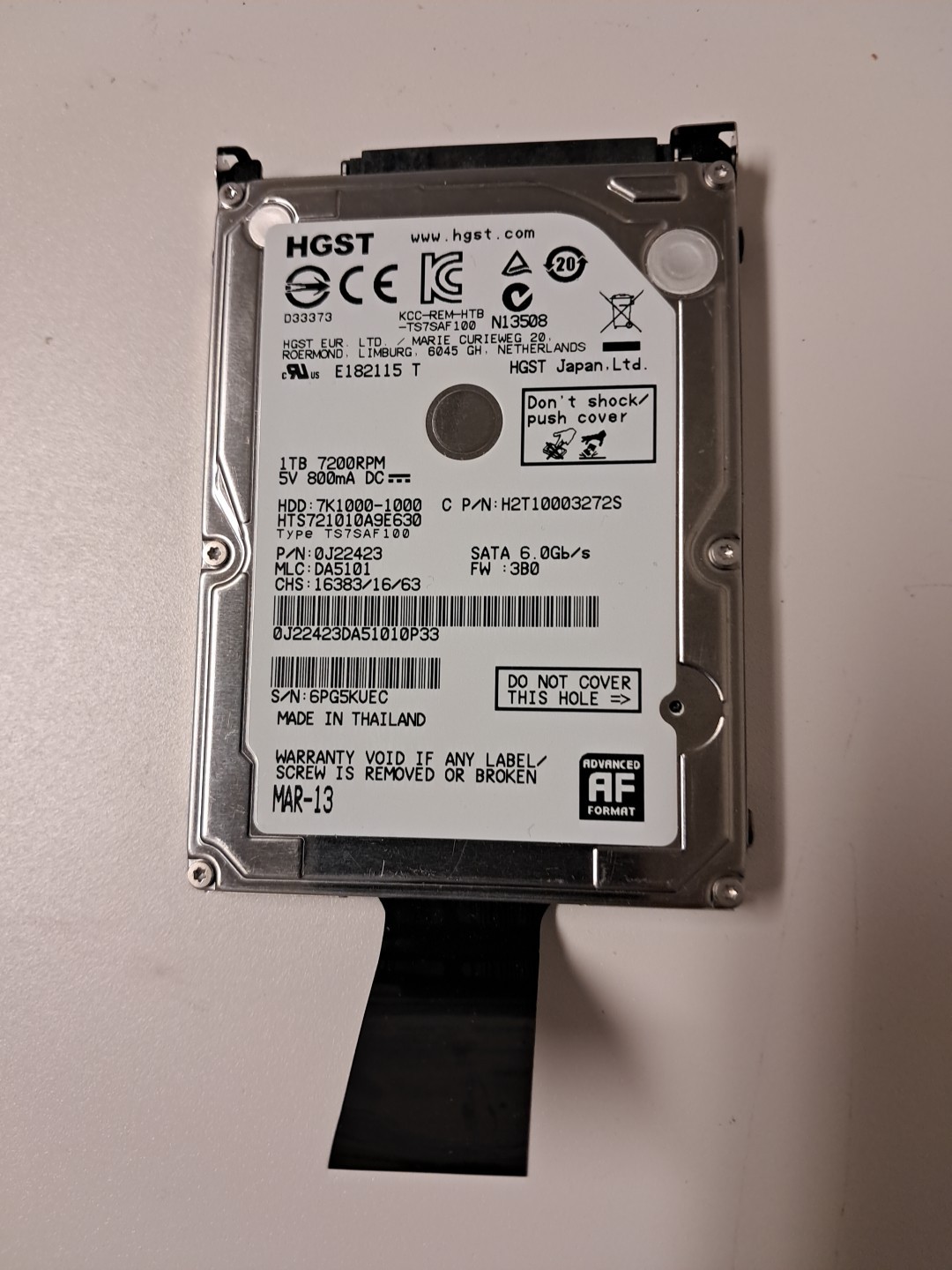 HGST 1.0TB 2.5" SATA 7200RPM Hard Drive HTS721010A9E630 MLC: DA6326 PN: 0J22423