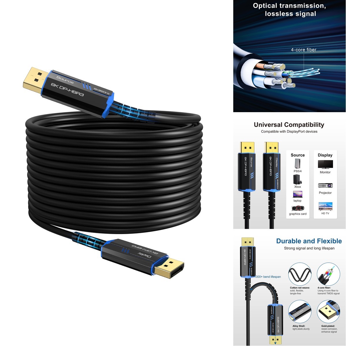 Ecjtu 8K Long DP Fiber Optic Cable 82Feet/25m, 8K60Hz, 4K144Hz, 32.4Gbps