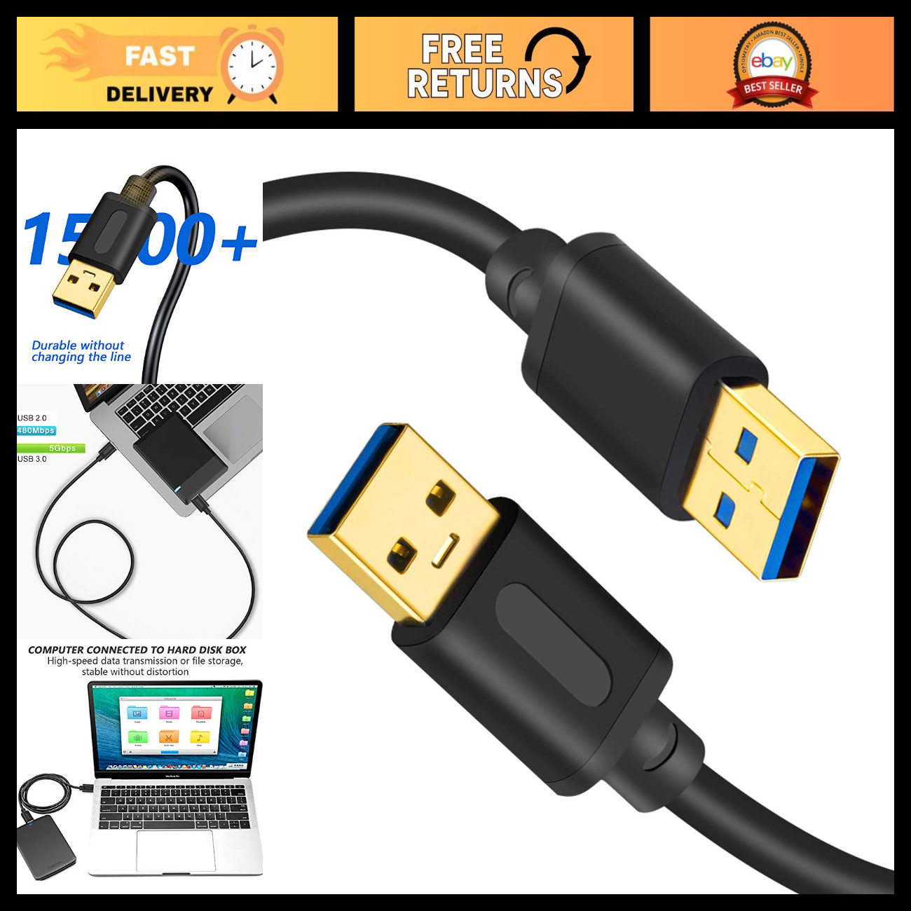 25ft USB 3.0 A to A Male Cable - Double Ended USB Cord for Hard Drives, Laptops,