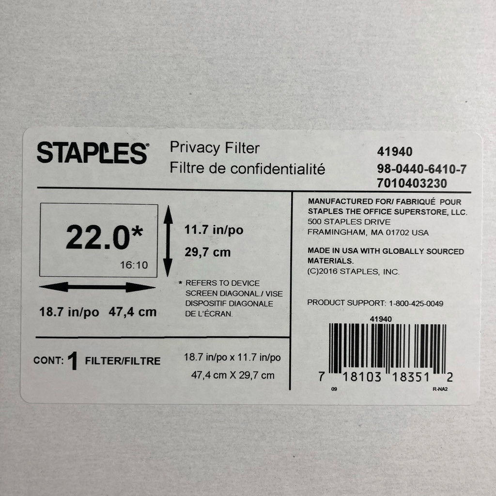 Staples Privacy Filter for 22” Widescreen Monitor 16:10 11.7”x18.7” (41940)
