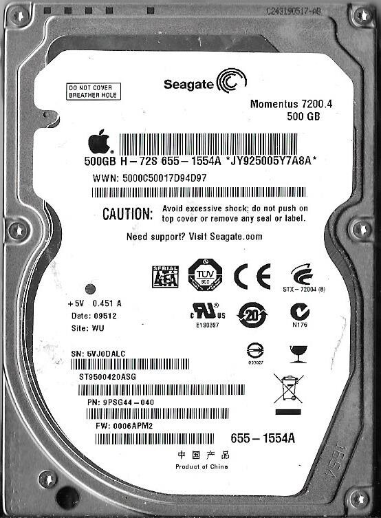 Seagate ST9500420ASG 500GB Sata Hard Drive P/N: 9PSG44-040 F/W: 0006APM2  5VJ WU