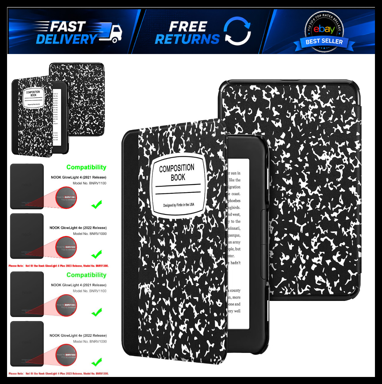 Fintie Slimshell Case for 6" Nook GlowLight 4/4e eReader,Composition Book