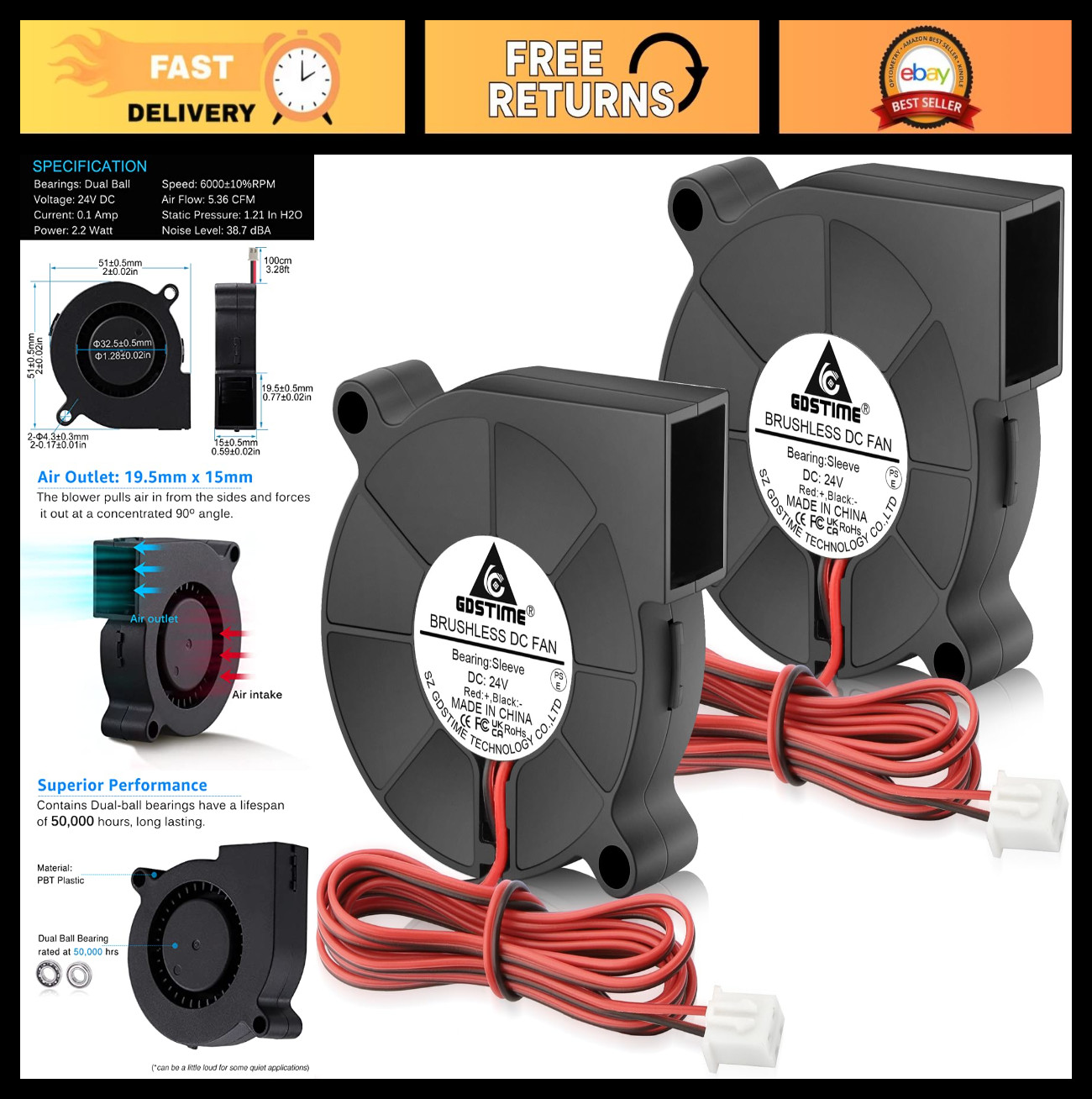 50mm 5015 Blower Fan 24V Brushless Dual Ball Bearing Turbo Cooling 2Pcs for 3D P