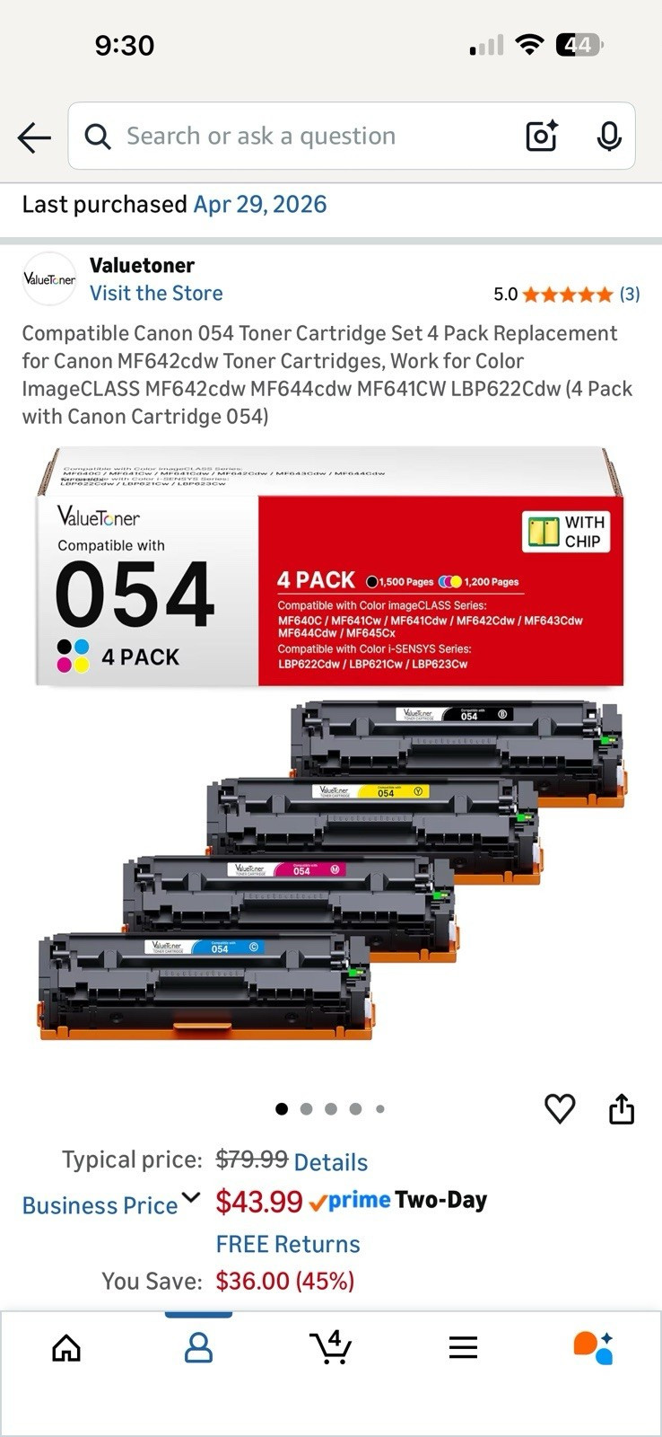 Valuetoner 054 Compatible Toner 4-Pack for Canon MF642CDW MF644CDW Black Cyan M…