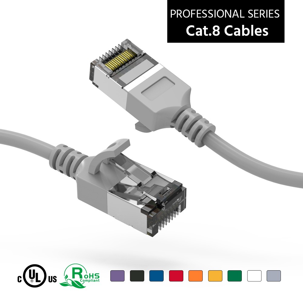 10 Pack of 0.5Ft CAT8 U/FTP Slim Ethernet Network Cable Gray 30AWG