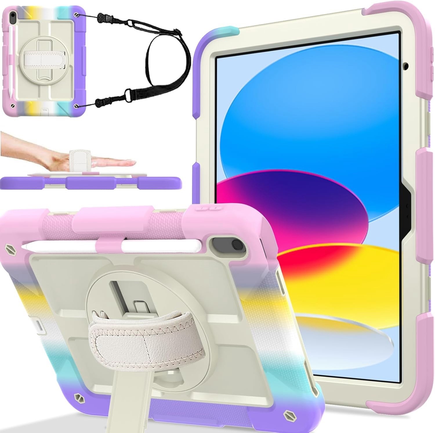 Multicolor Rugged Rotating Tablet Case Hand Strap Stand Impact Resistant