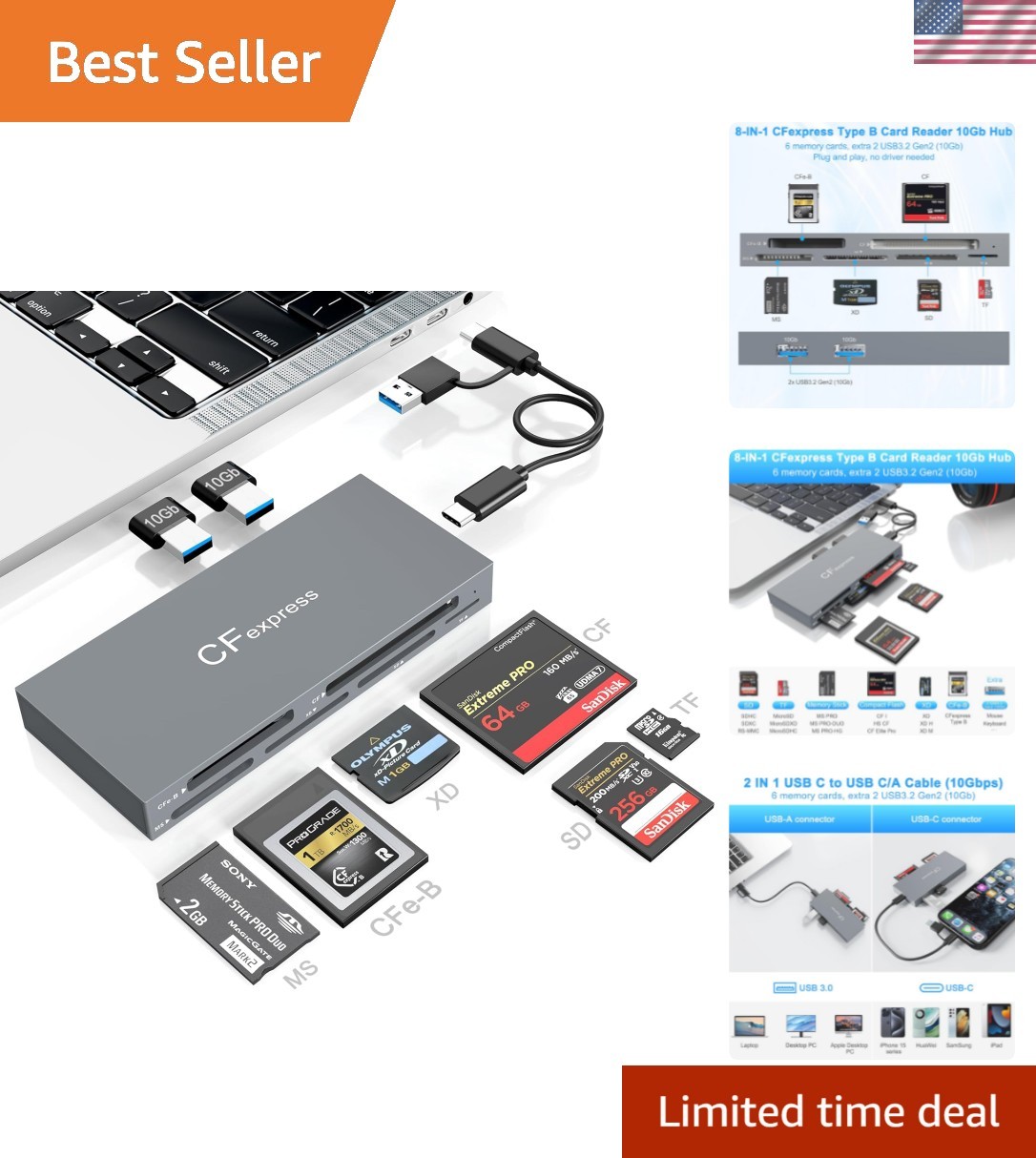 Compact 8-in-1 CFexpress Card Reader with Dual USB 10Gbps Ports - Portable Hub