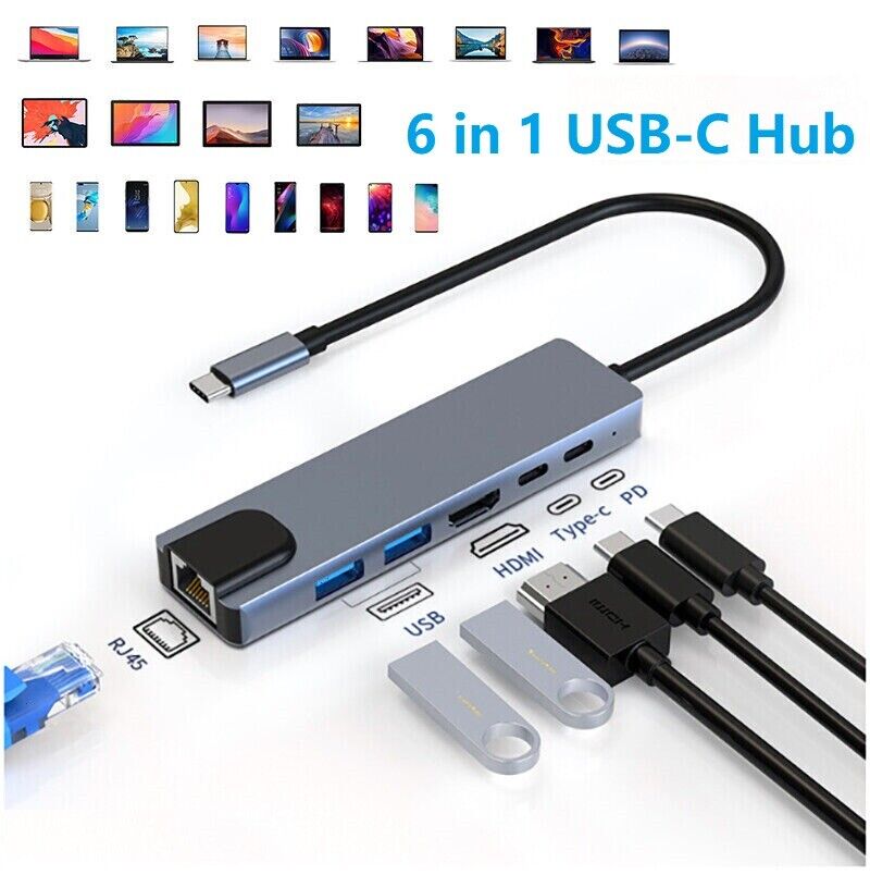 6 in 1 Multiport USB-C Hub Type C To USB 3.0 4K HDMI Adapter For Macbook Laptop
