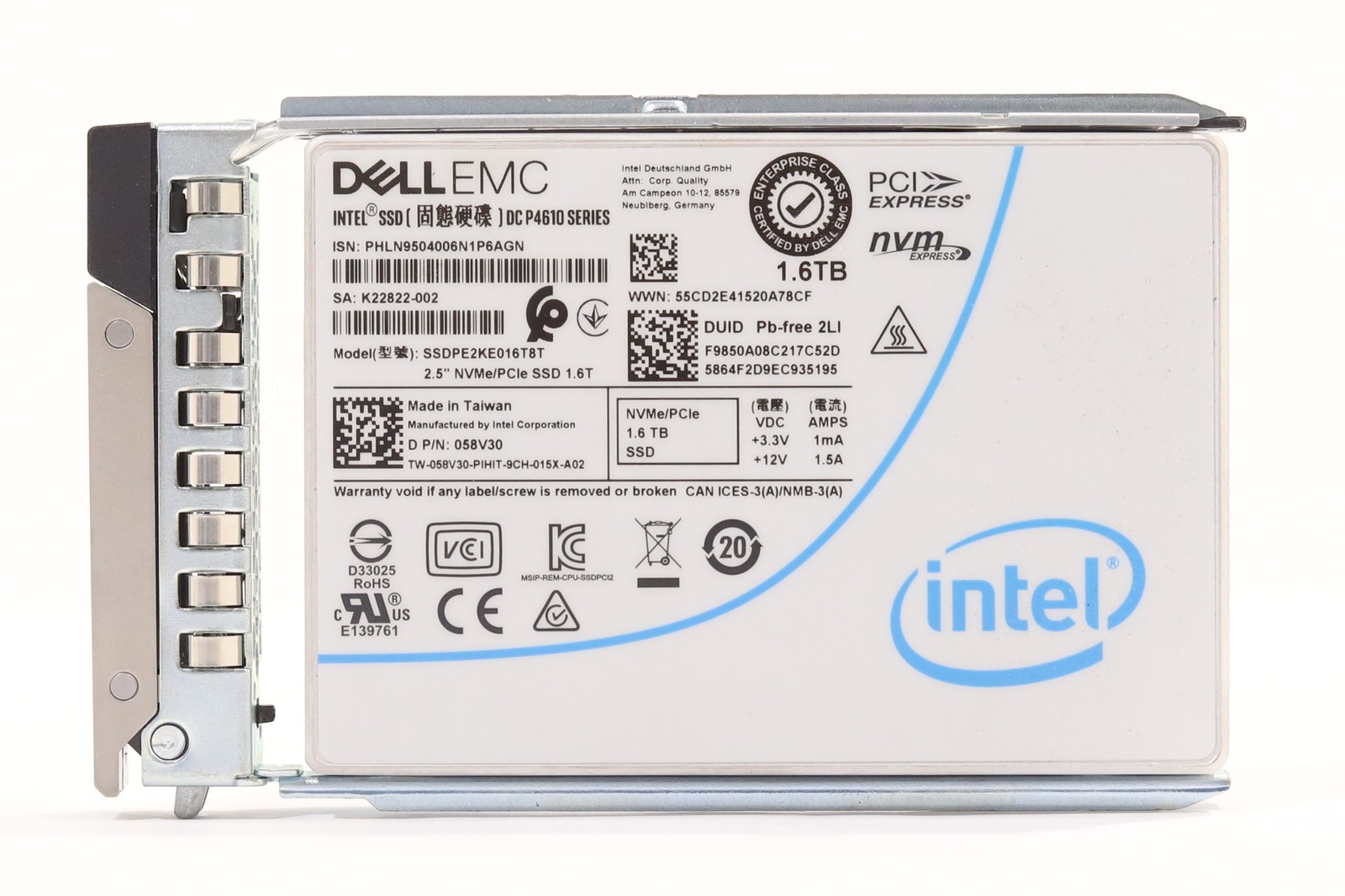 Dell SSDPE2KE016T8T 1.6TB 2.5" MU TLC PCIe x4 NVMe SSD W/Caddy Dell P/N: 058V30