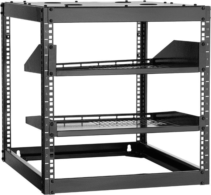 VEVOR 10U Open Frame Network Rack Wall Mounted Server Rack 4 Post with Shelves