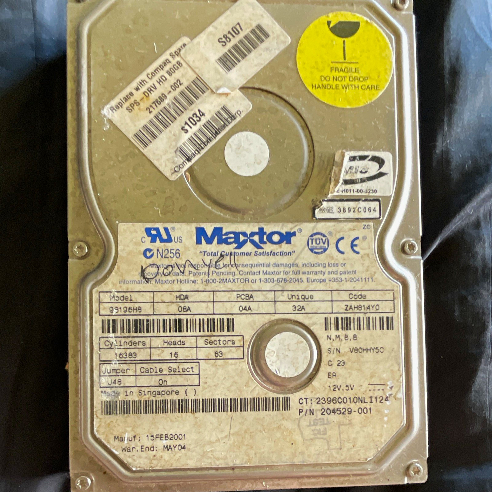 Maxtor DiamondMax 91968H8 10GB 3.5" IDE 5400RPM 2MB HDD 204529-001 UNTESTED