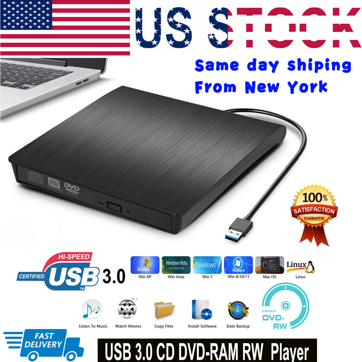 External CD DVD Drive USB 3.0 Disc Player Burner Writer For Laptop PC