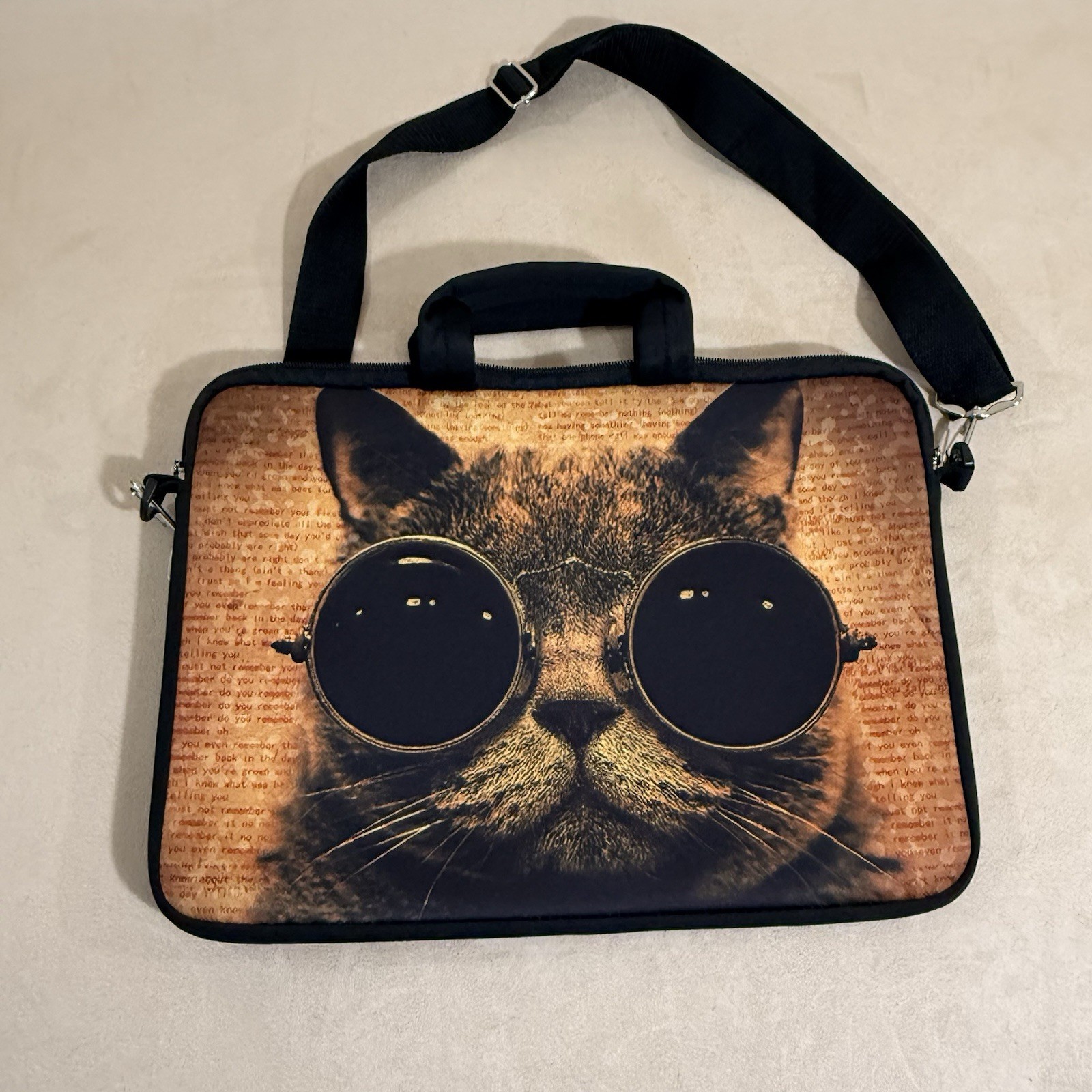EUC iColor Laptop Sleeve Bag Cat Sunglasses Extra Pocket Shoulder Strap Neoprene