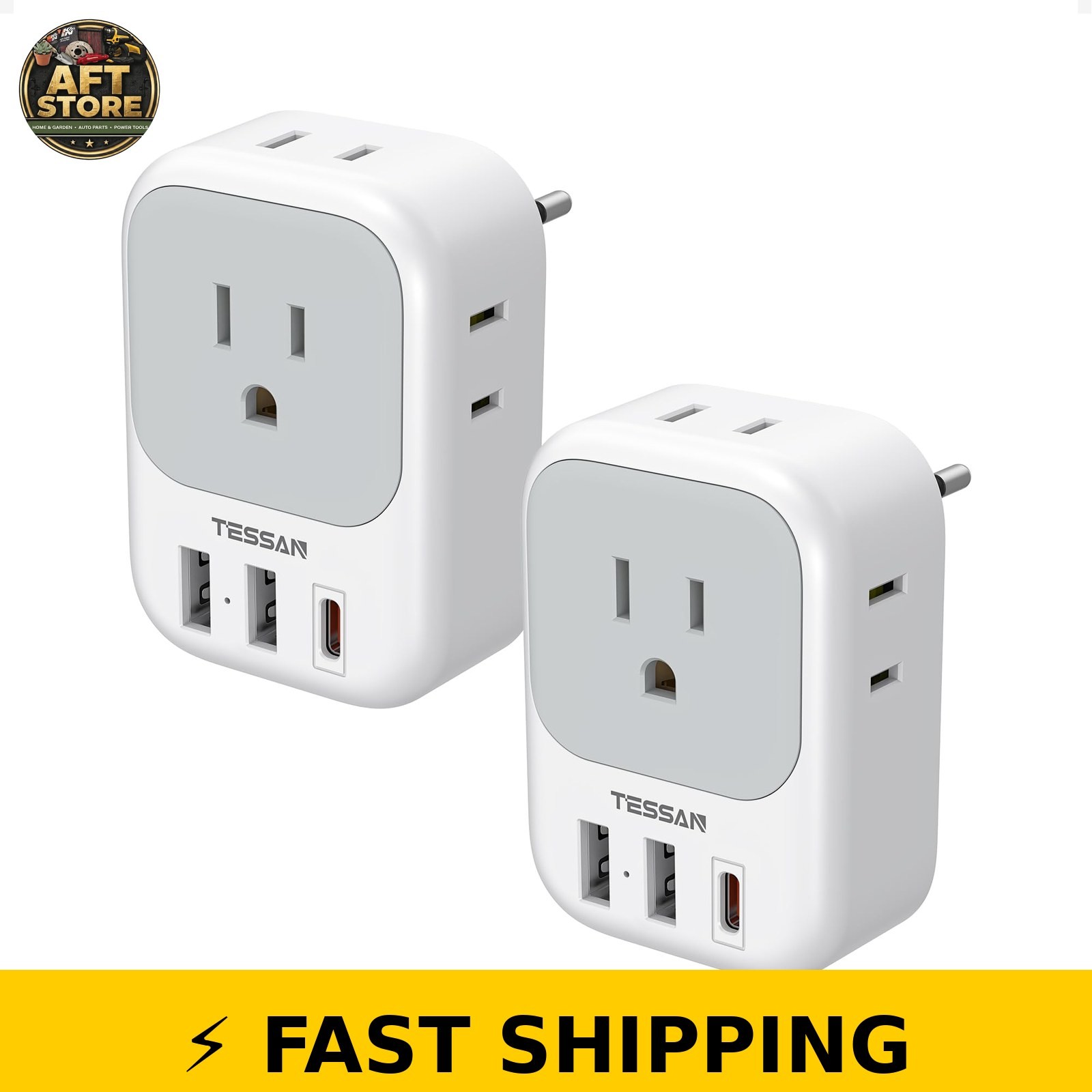 TESSAN 2 Pack European Travel Plug Adapter with 4 Outlets & 3 USB