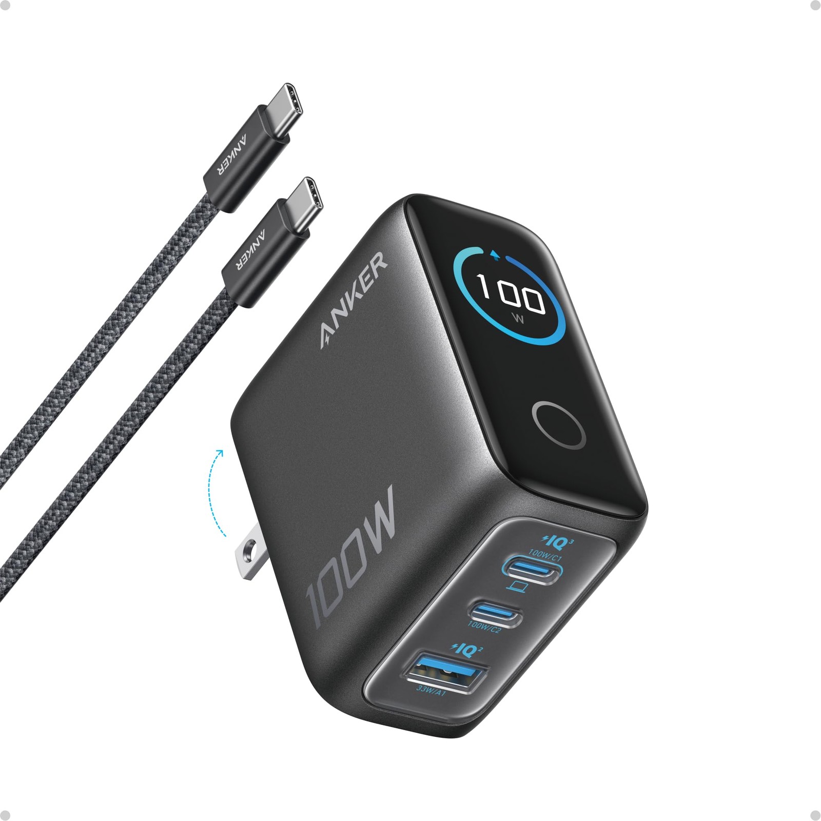 Anker 100W Max USB C Charger, 3-Port GaN Phone 2.72 x 2.17 x 1.34", Dark Gray
