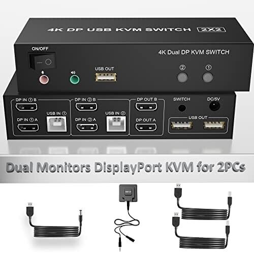 Yeemie Pro Display Port KVM Switch Dual Monitor 4K@60Hz for 2 Computers NWT