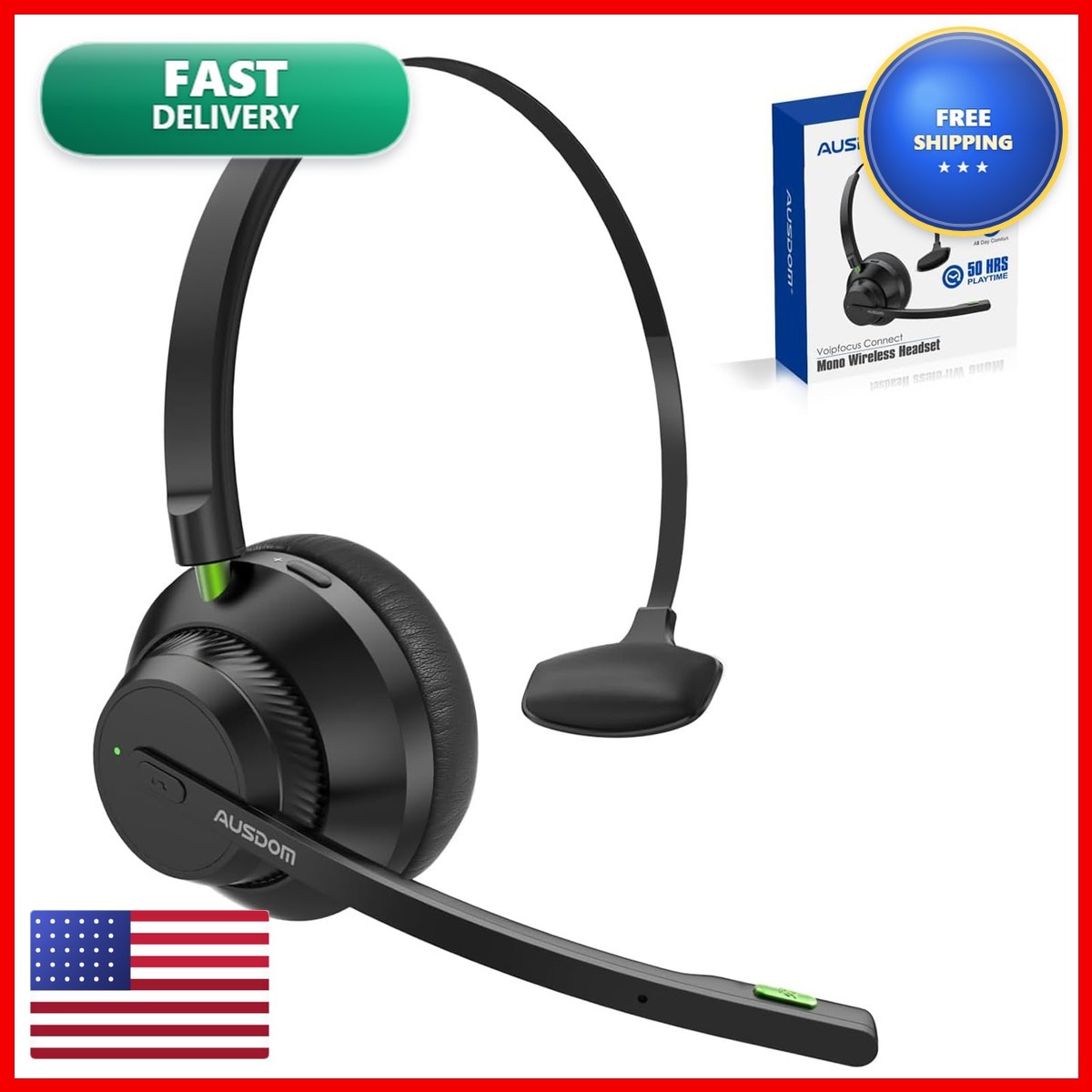 AUSDOM A2301 Trucker Bluetooth Headset Wireless 5.2 AI Noise Cancelling 50H