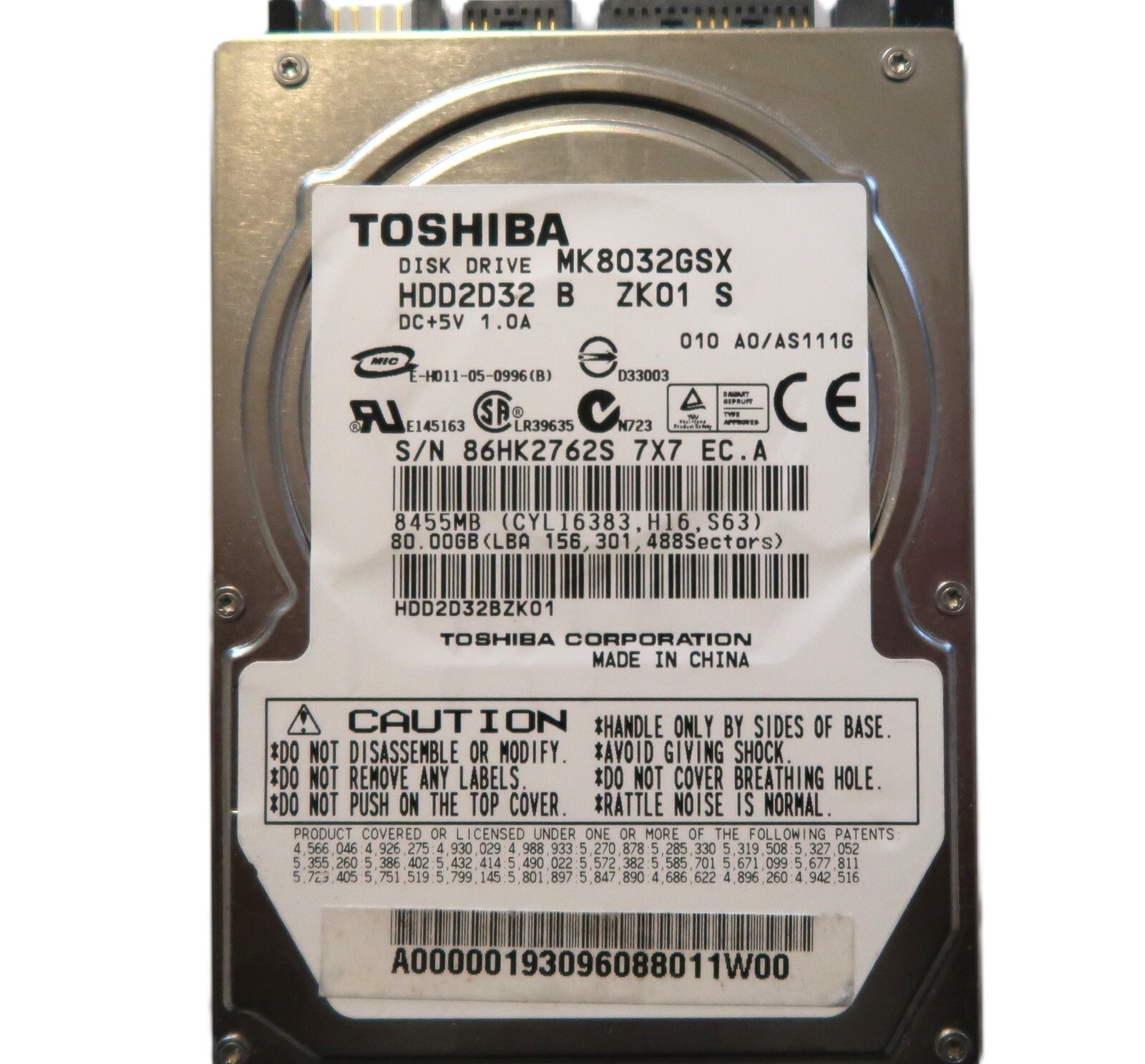 Toshiba MK8032GSX HDD2D32 B ZK01 S 010 A0/AS111G China 80gb 2.5" Sata HDD