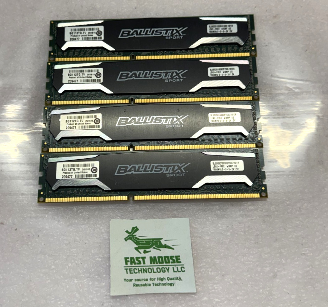 Lot of 4 Crucial Ballistix Sport BLS8G3D1609DS1S00 8GB DDR3 SDRAM 1600MHz RAM