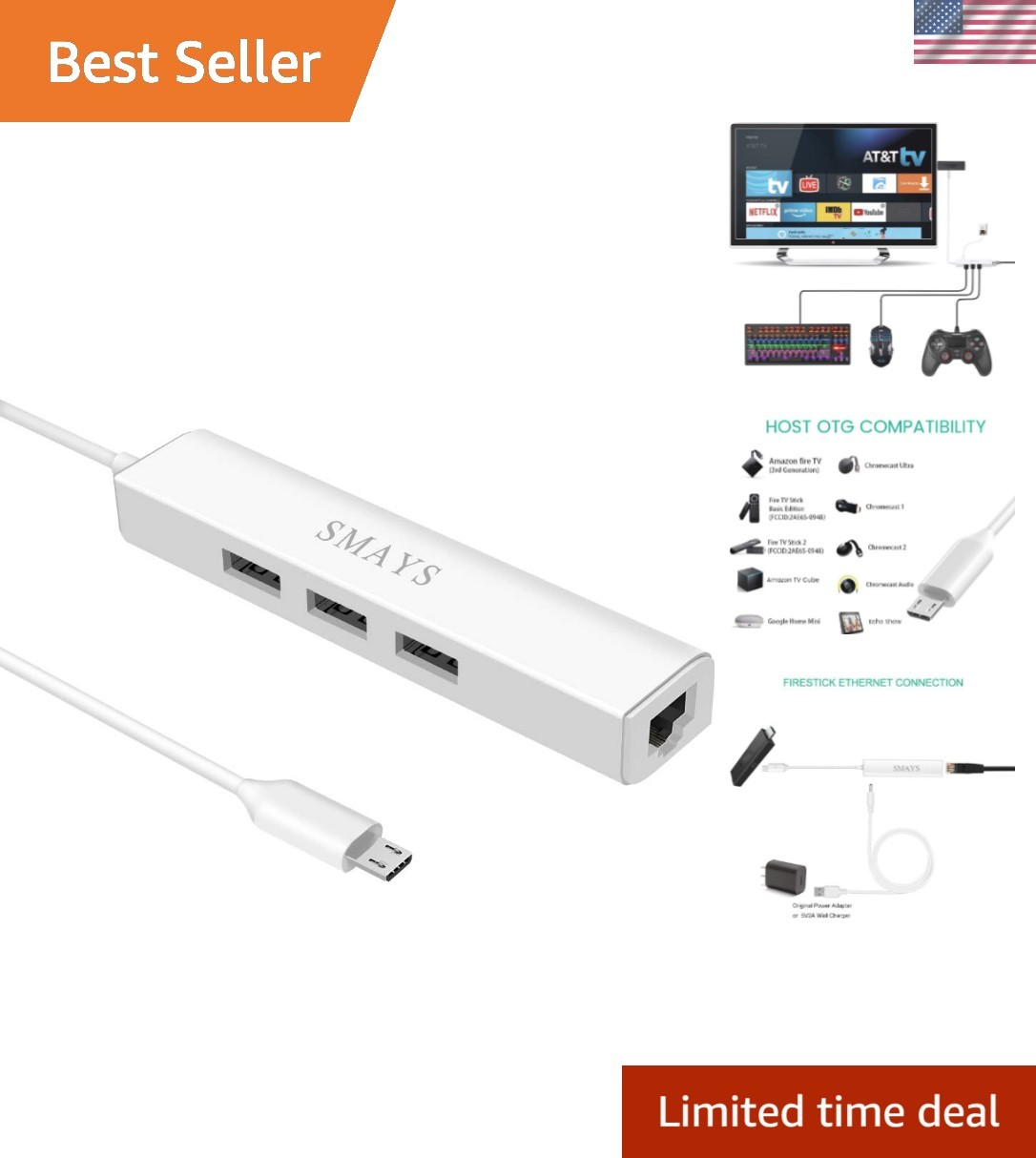 Micro USB Hub with Ethernet Adapter, OTG Cable for Fire tv Stick /4K /Cube