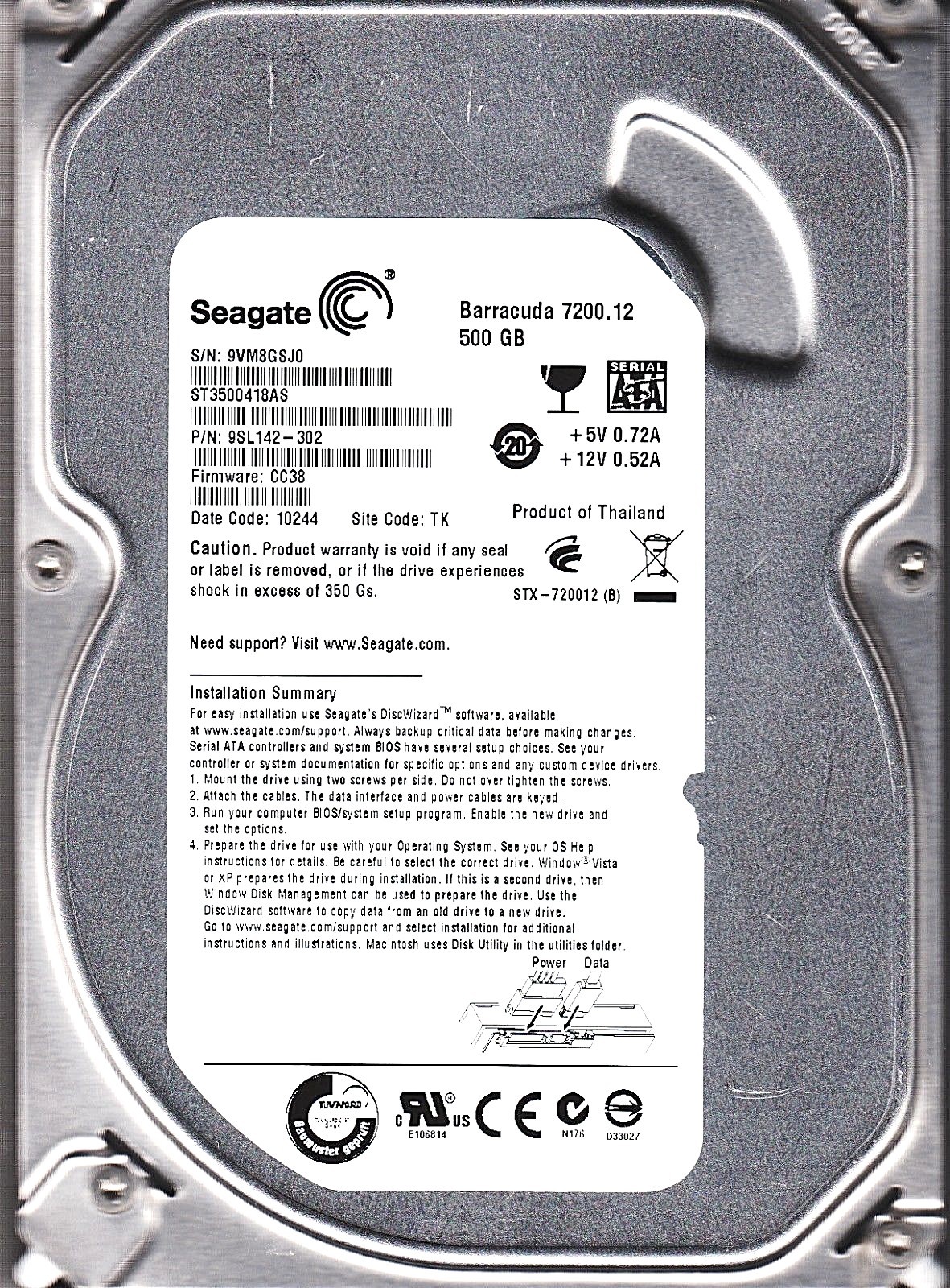 FOR DATA RECOVERY ST3500418AS pn: 9SL142-302 fw: CC38 sn: 9VM TK BAD SECTOR 3911